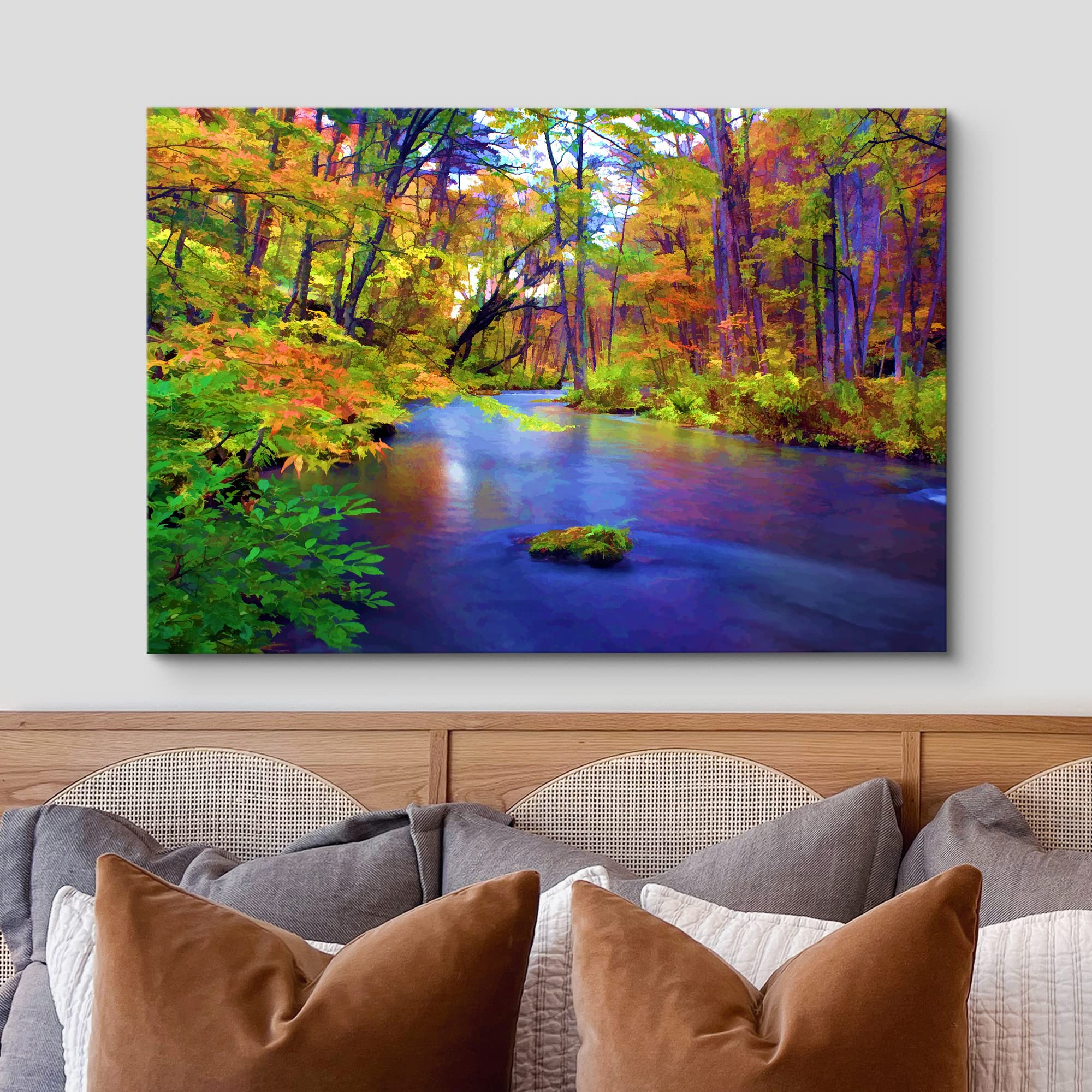 Wall26 Canvas Print Wall Art Multicolor Autumn Forest With Blue River Floral Nature Illustrations Realism Bohemian Scenic Relax/