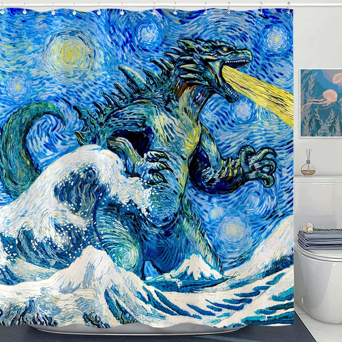Wegklazax Dinosaur Shower Curtain Monster Funny Shower Curtain Van Gogh Wave Shower Curtain Bathroom Curtain Decor Set With 12 H