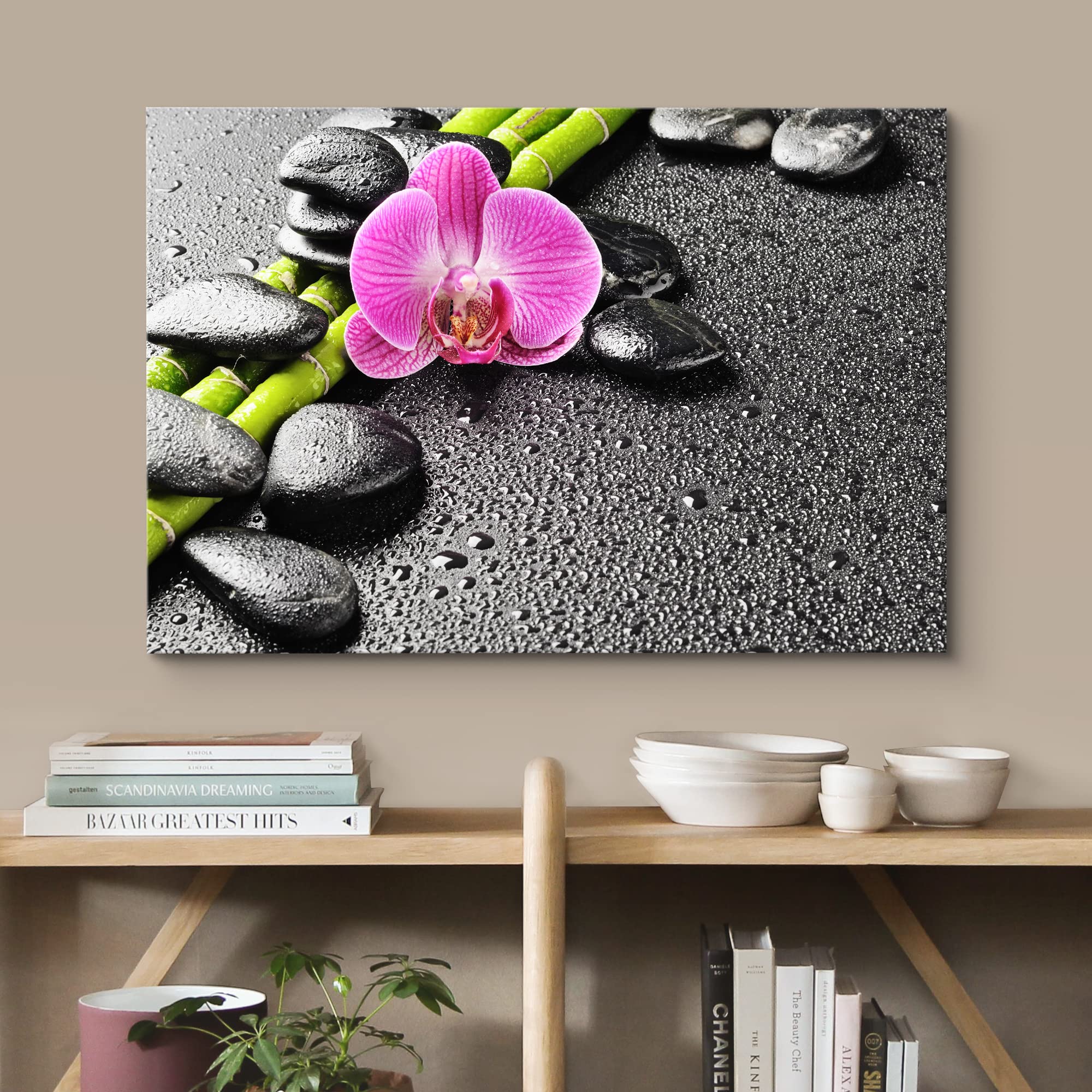 Wall26 Canvas Print Wall Art Purple Orchid Flower Bamboo Beach Massage Stones Nature Wilderness Photography Realism Rustic Lands