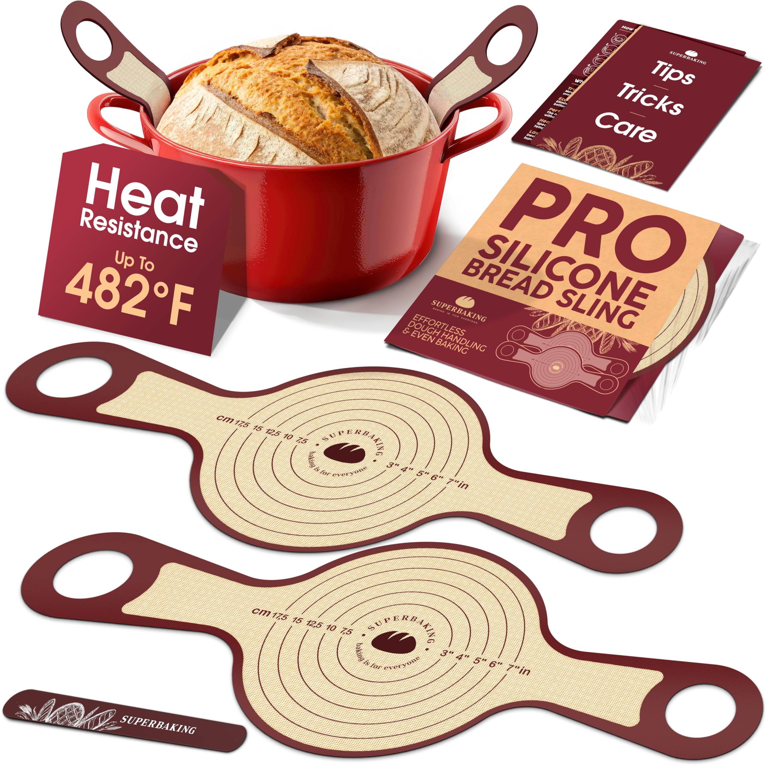 Pro Silicone Bread Sling 2 Pcs - 9in set of 2 Round 482F Heat Resistant Dough Lifter, Non-Stick Dutch Oven Liners, Long Handles,