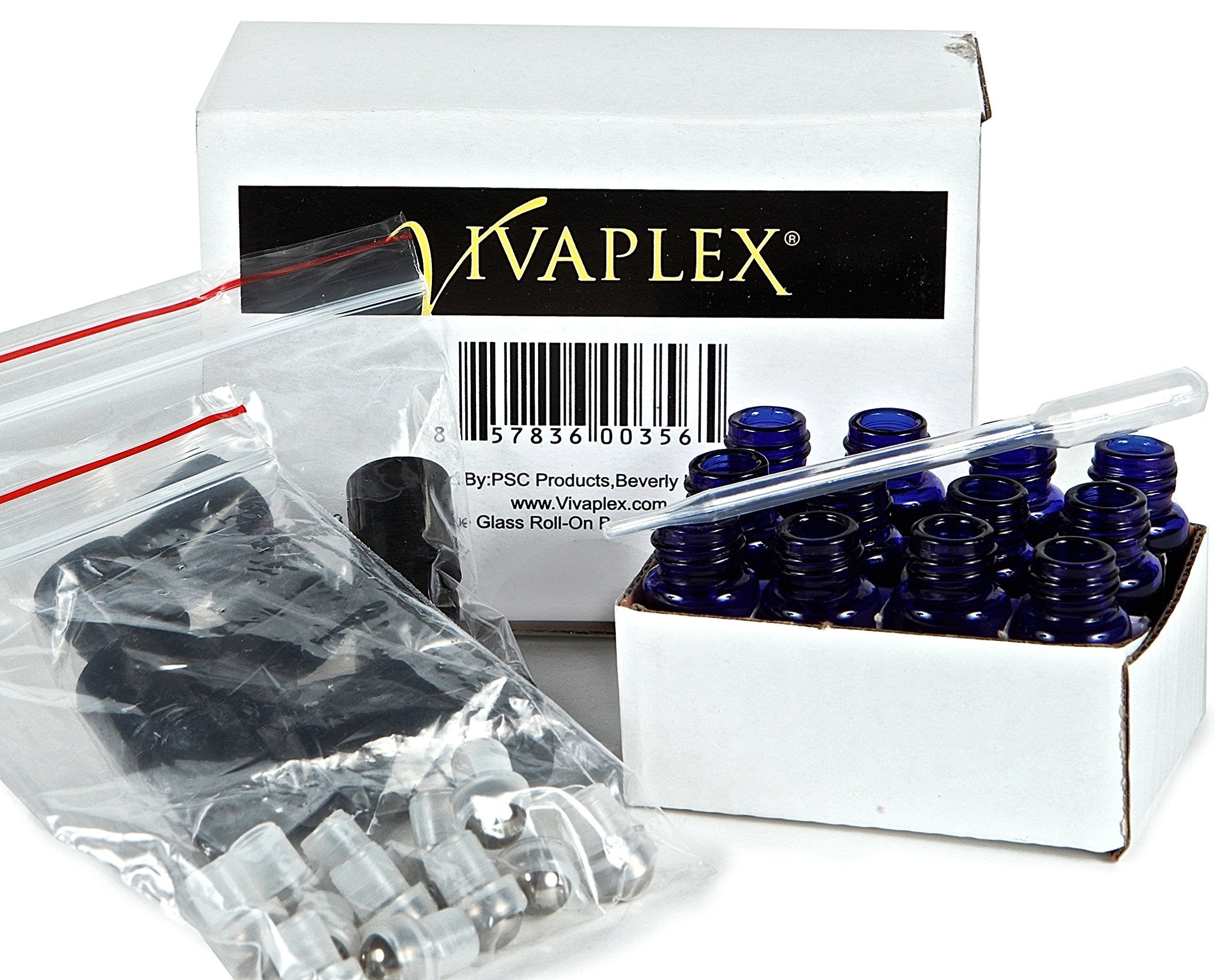 Vivaplex, 12, Cobalt Blue, 3 Ml Glass Roll-On Bottles With Stainless Steel Roller Balls - Dropper Included