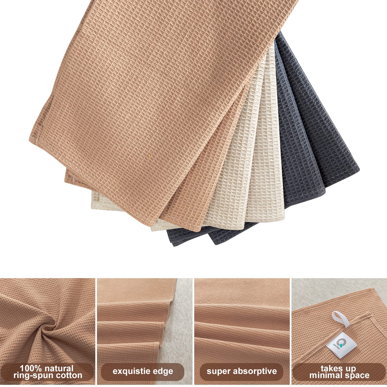 Quiltina Cotton Waffle Weave Dish Towels Set, 17 X 25 Inches, 6 Pack, Beige, Brown, Dark Grey