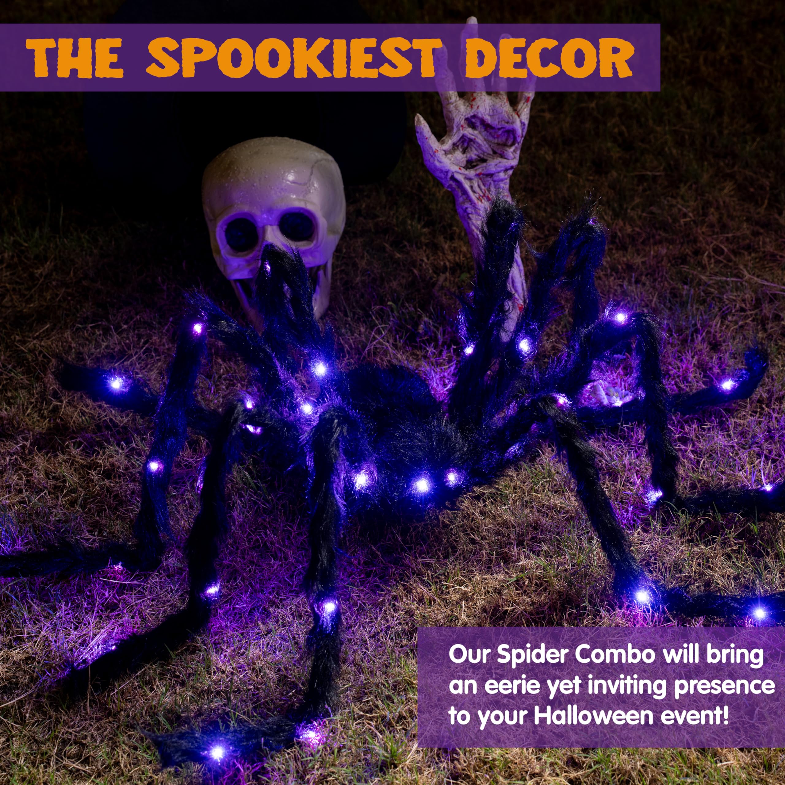 JOYIN Halloween Outdoor Decorations Light-Up Giant Spider, 5 Ft Large Black Hairy Spider with Purple LED for Yard Lawn Garden Ha
