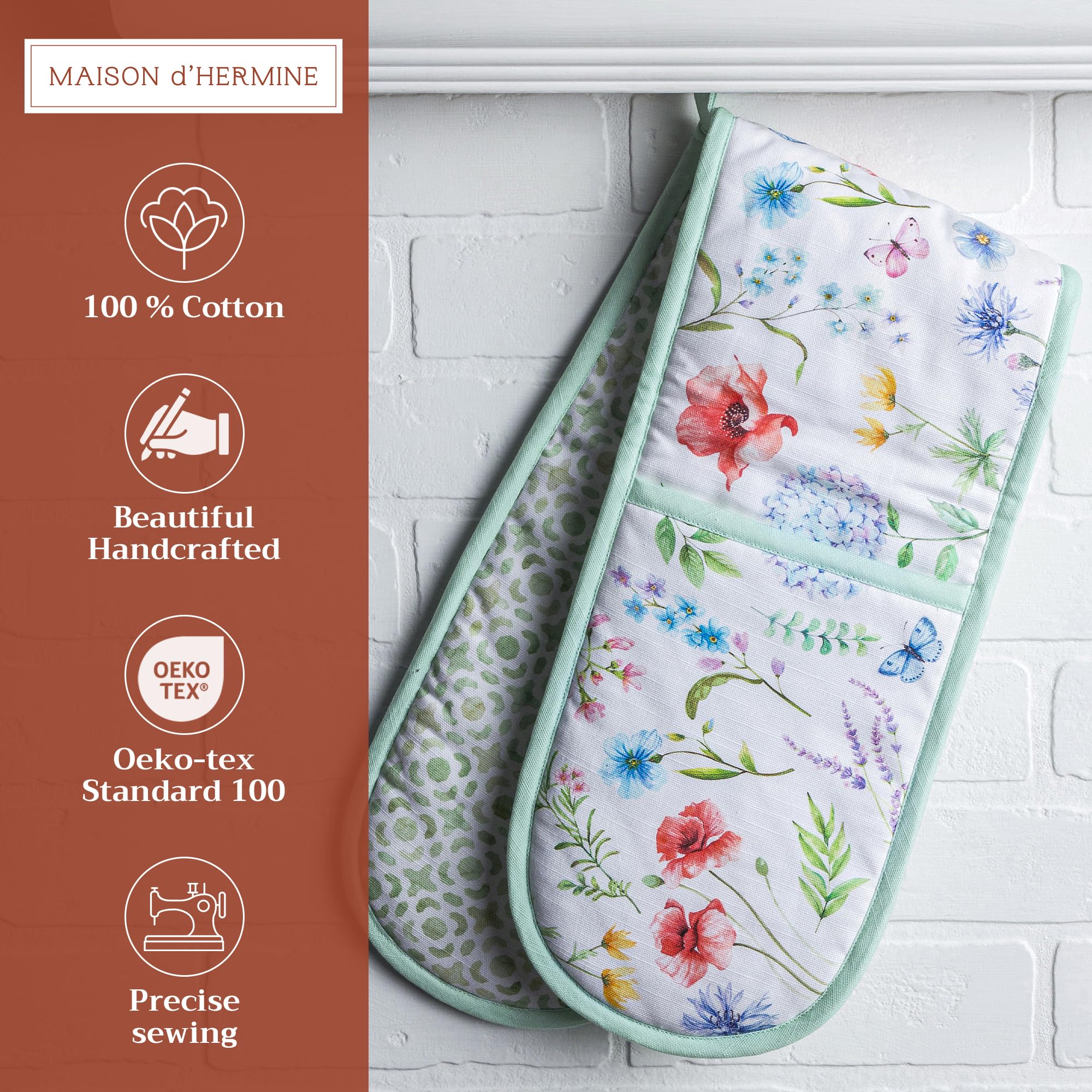 Maison d Hermine Just Florals 100% Cotton Easter Double Oven Glove with Loop Heat Resistant for BBQ  Cooking  Baking  Grilling  Microwave  Barbecue  Spring/Summer (7.5 Inch by 35 Inch)
