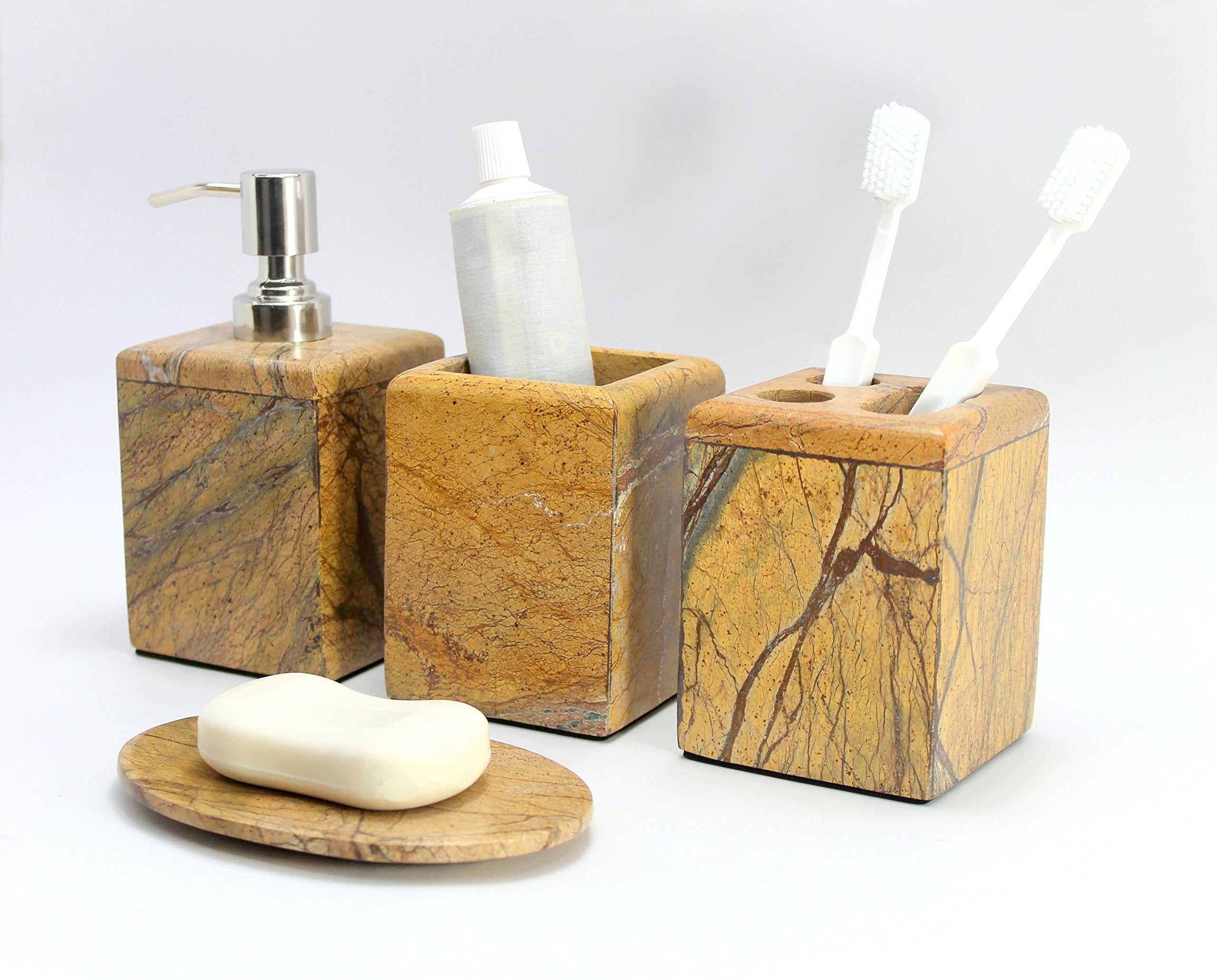 Kleo - Bathroom Accessory Set Made From Natural Stone - Bath Accessories Set Of 4 Includes Soap Dispenser, Toothbrush Holder, Tu