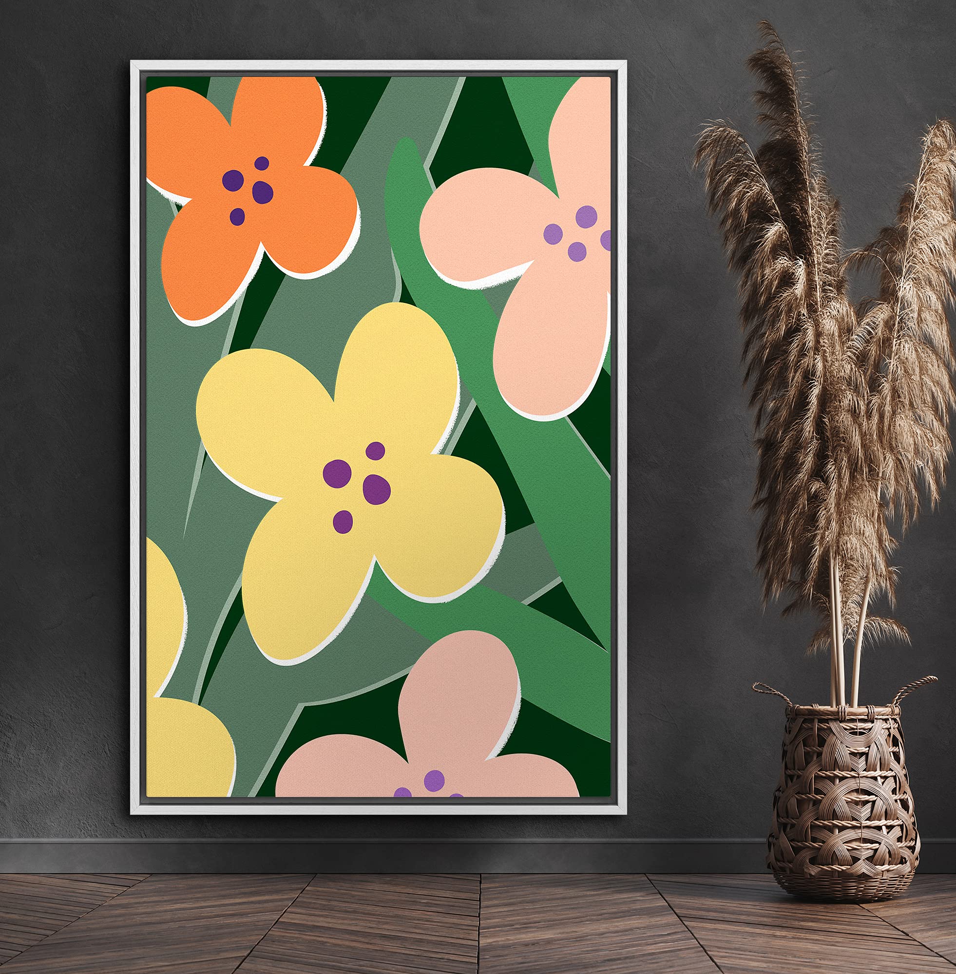 Signford Framed Canvas Print Wall Art Orange & Pink Flower Print Nature Wilderness Illustrations Modern Art Contemporary Colorfu