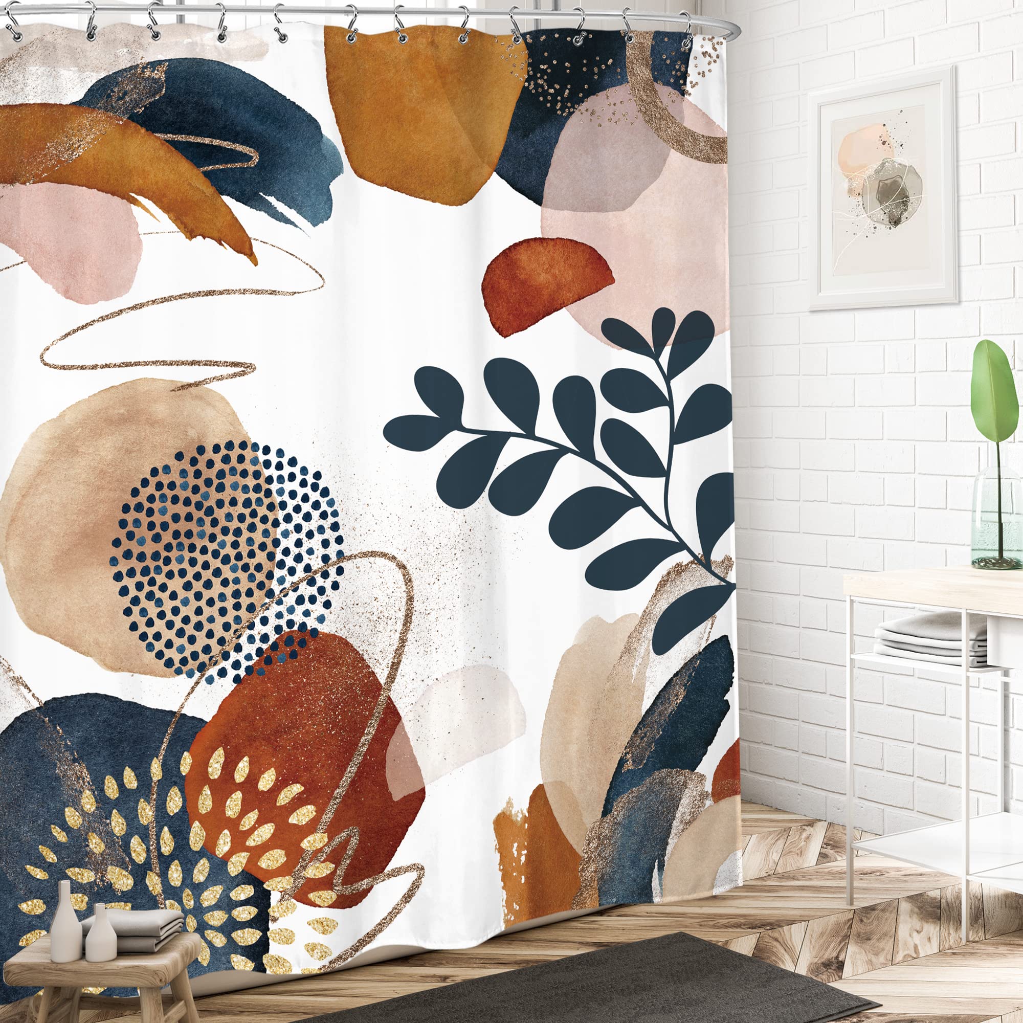 LIGHTINHOME Boho Mid Century Shower Curtain 60Wx72H Inches Abstract Navy Blue Gold Modern Aesthetic Geometric Leaves Neutral Minimalist Bathroom Decor Accessories Cloth Fabric Polyester Set 12 Hooks