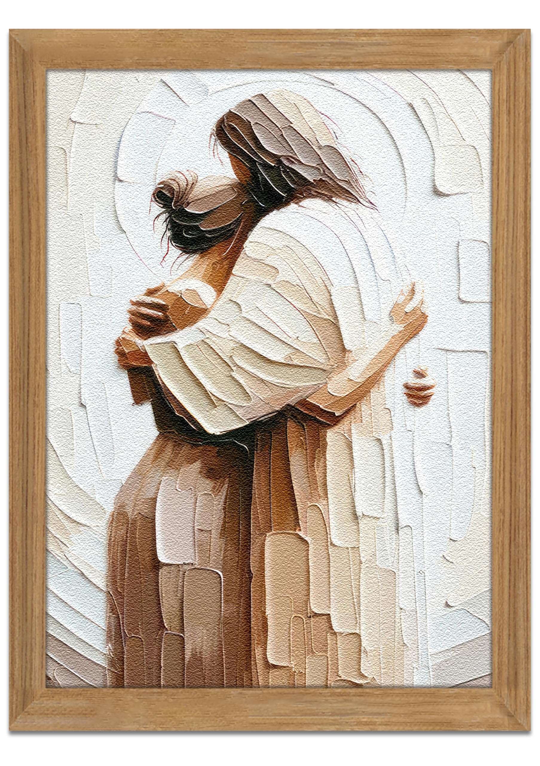 Framed 3D Textured Jesus Embracing Woman Wall Art, Safe In His Arms Pictures Hand Drawn Sandstone Wall Decor, Christian Wall Art