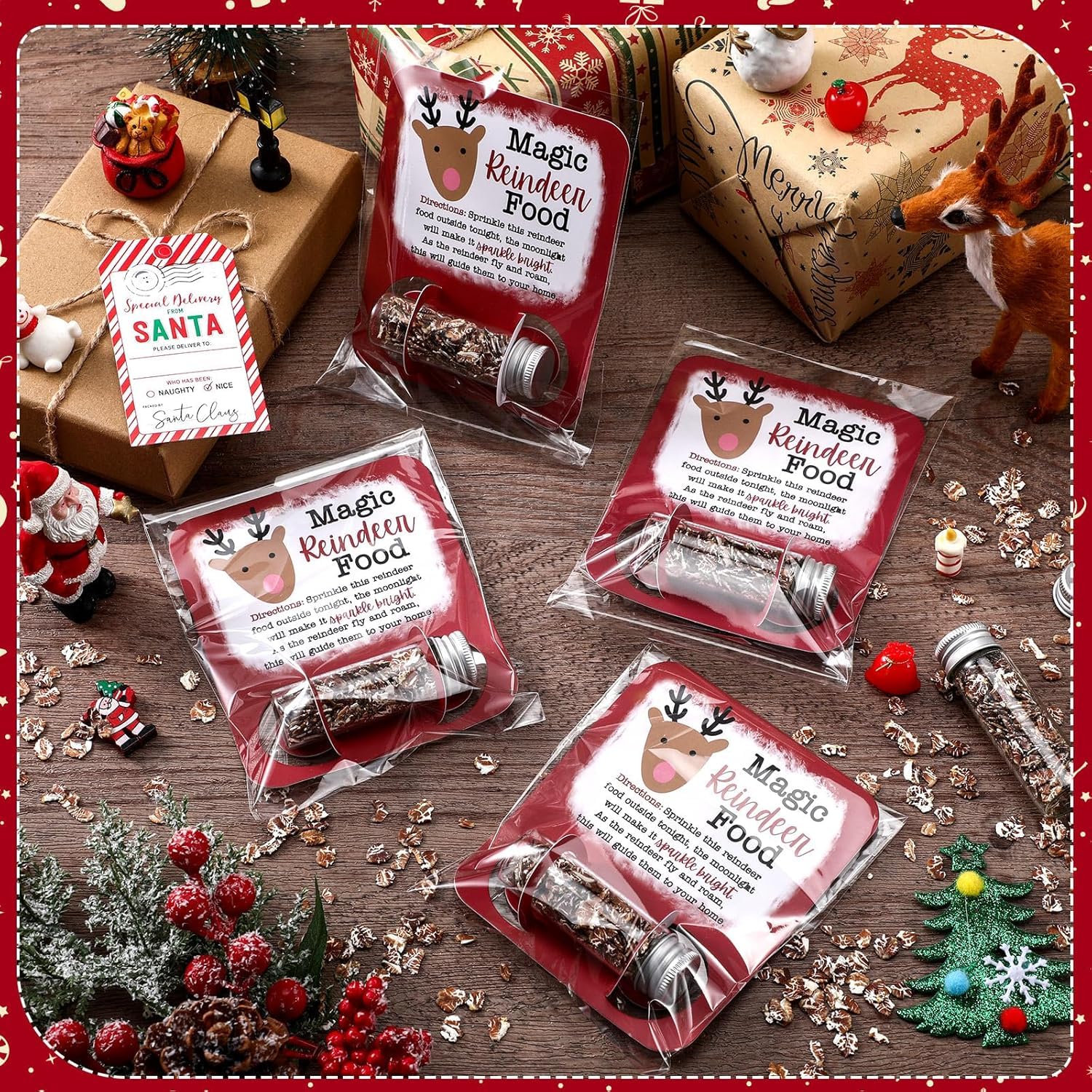 Kigeli Christmas Reindeer Food Glass Jar Filled Glitter Attached Paper Card Holiday Reindeer Food Kit Christmas Eve Present Gift