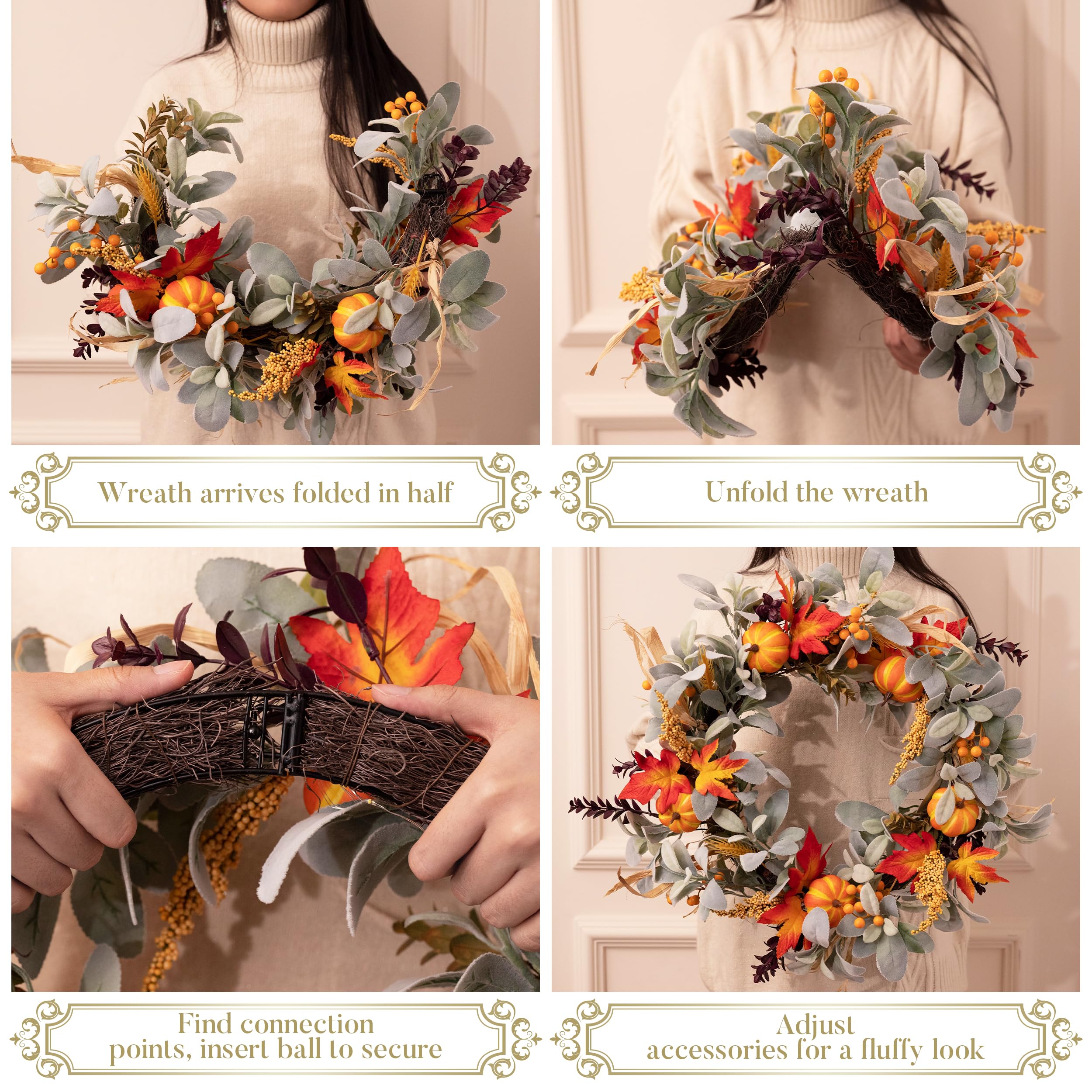 Valery Madelyn 24'' Collapsible Fall Wreaths for Front Door, Silk Lambs Ear Autumn Door Wreath with Lights Pumpkins Outdoor Fall