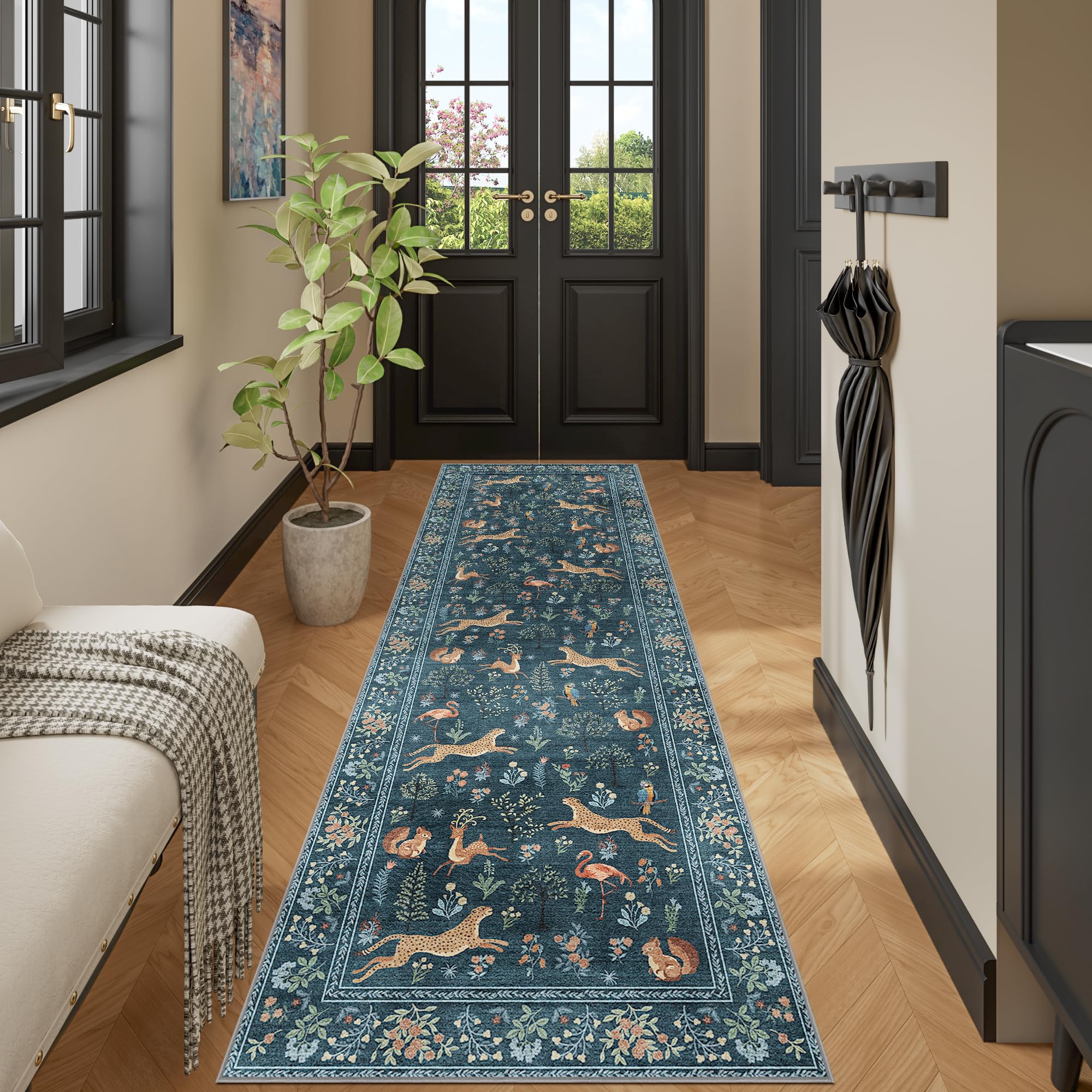 DUKINO 2x10 Rug for Hallway, Washable Kitchen Runner Rug with Non Slip Backing, Soft Low Pile Vintage Animal Runner for Bedroom,