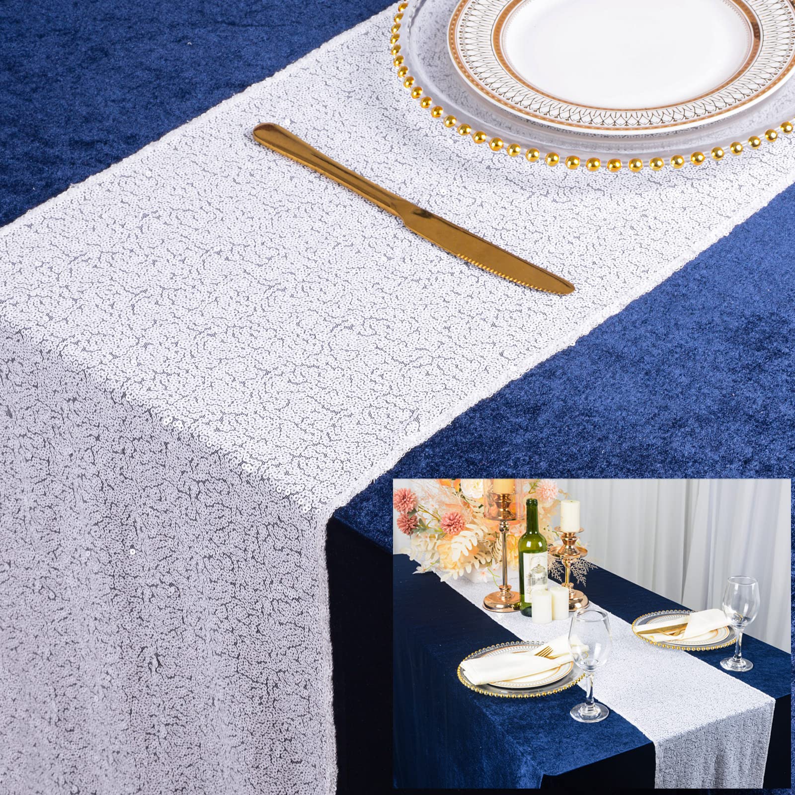 Shinybeauty White Table Runner 12X72-Inch Rectangle-White-Sequin Table Runner- For Wedding/Party/Decor