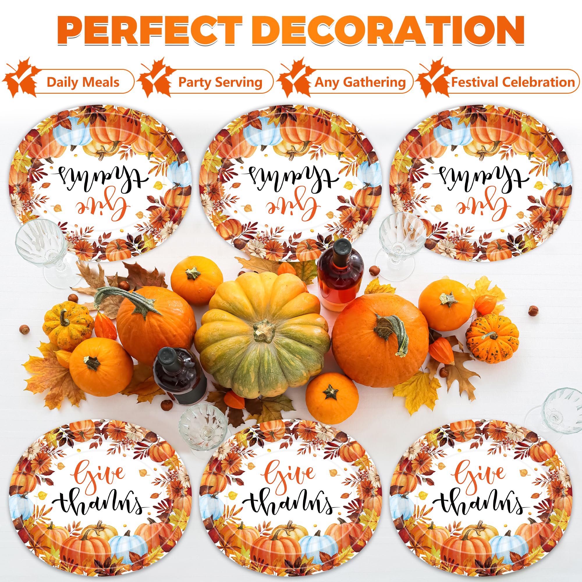 QZYL 50 Pcs Thanksgiving Paper Plates, 12.2 x 10.2 Inches Oval Paper Plates, Large Give Thanks Autumn Dinnerware, Pumpkin Dispos