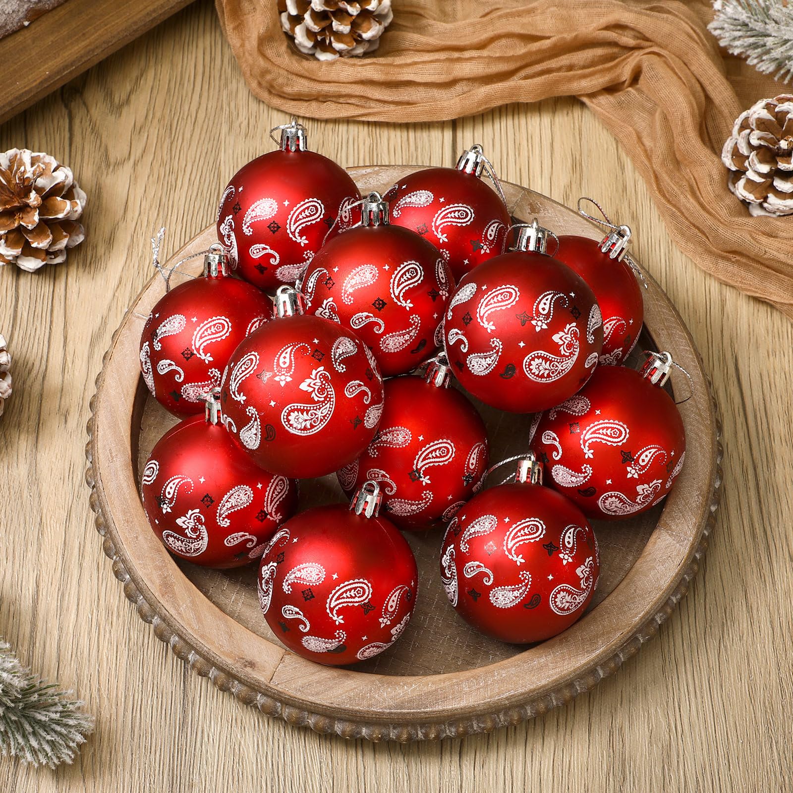 Halloscume 24 Pcs Western Christmas Tree Ornament Paisley Cowboy Bandana Printed Christmas Ball Ornaments Country Western Party