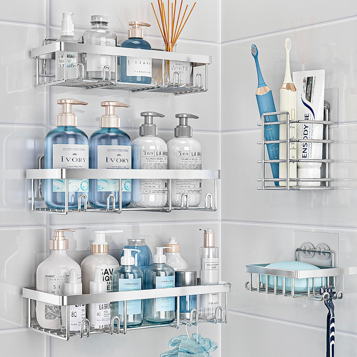 Liuoud Shower Caddy, 5 Pack Shower Organizer Rack For Inside Shower, Large Capacity, Durable Stainless Bathroom Shower Shelf, Si