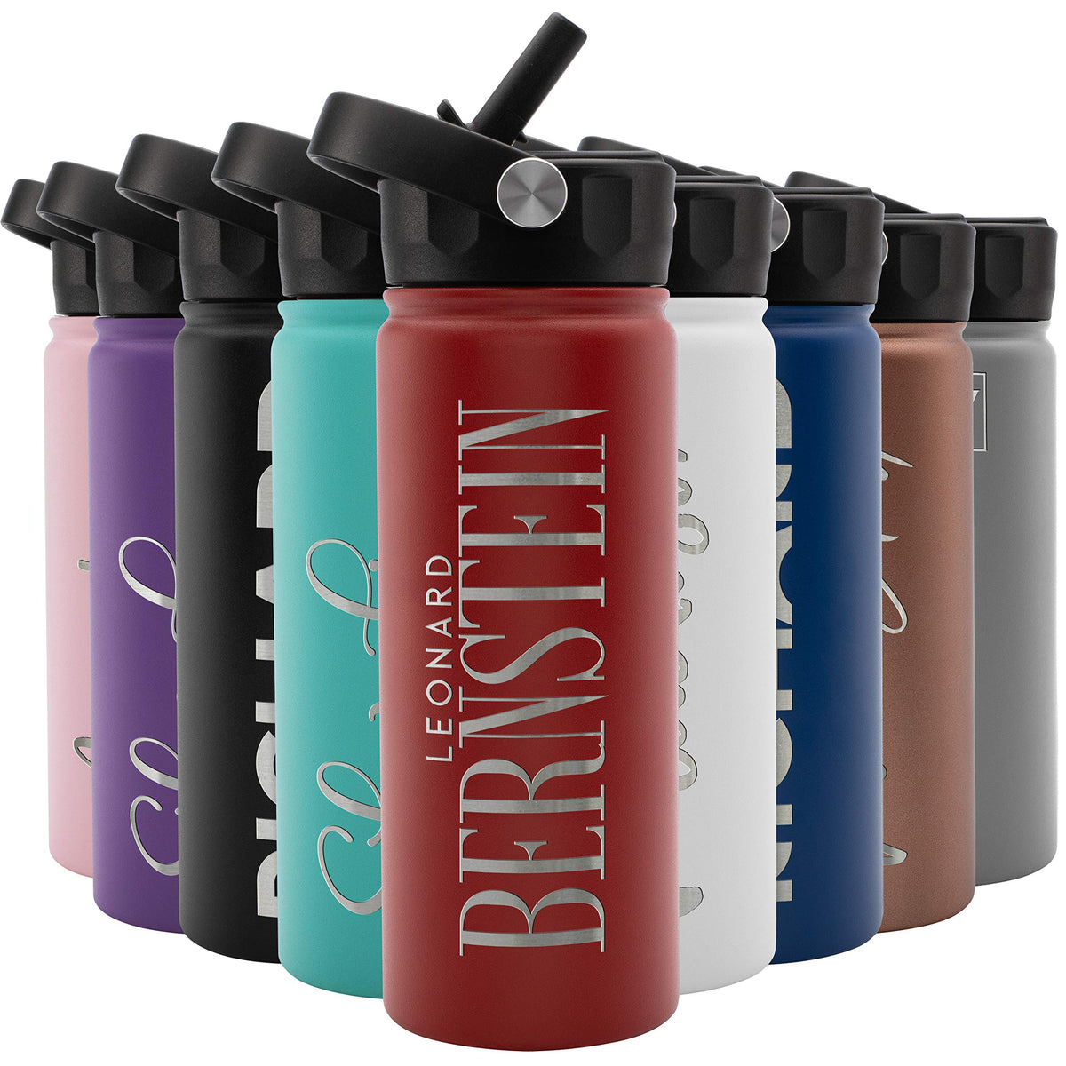 Amazing Items Personalized Water Bottle W Straw  Lid, 18 Oz - Fire Red  Custom Stainless Steel Sports Water Bottle W Name And Te