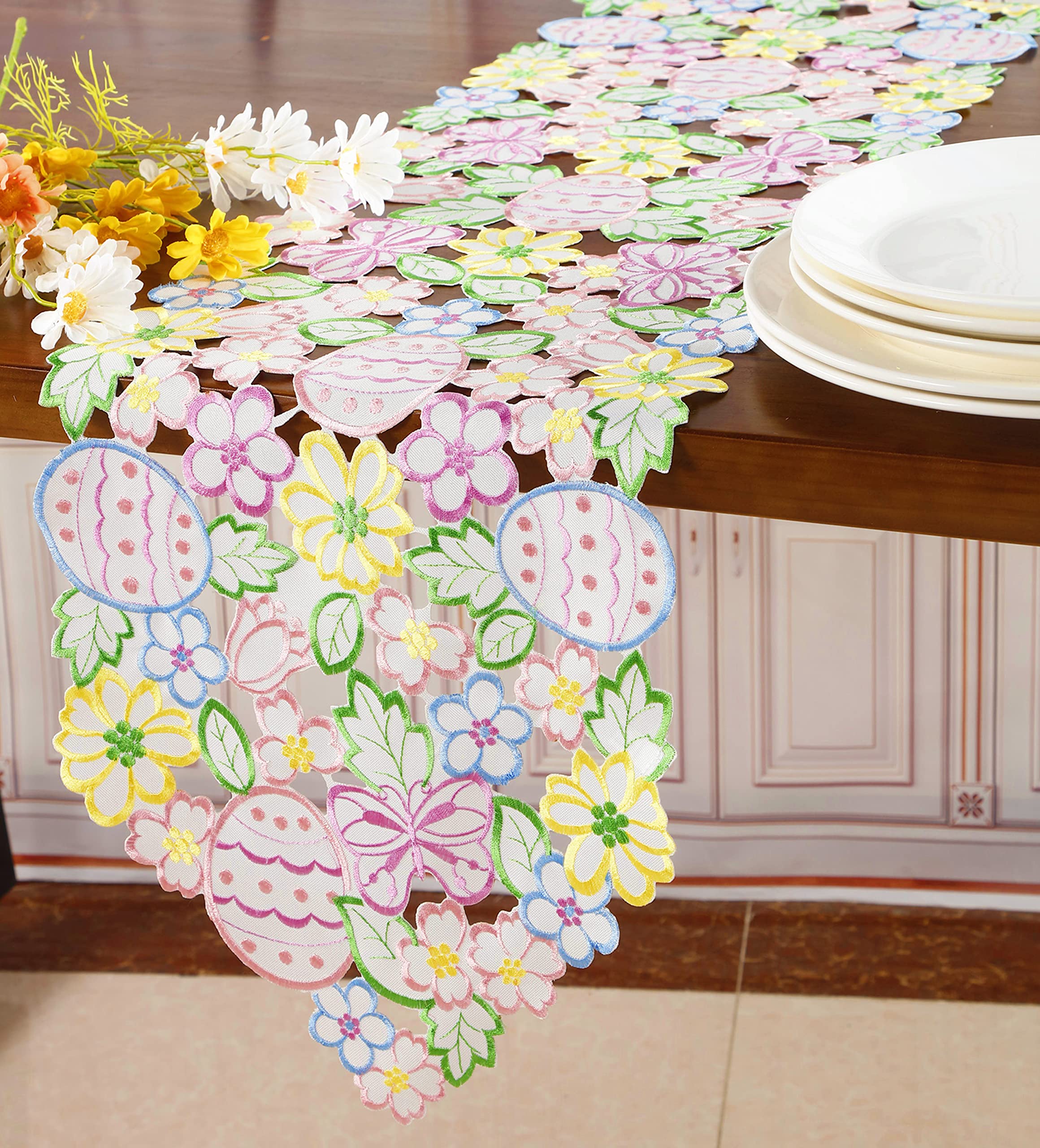 Easter Spring Table Runner 13''  68'' Cutwork Embroidered Eggs Flowery Floral Eggs Dresser Scarf For Home Kitchen Dining Spring
