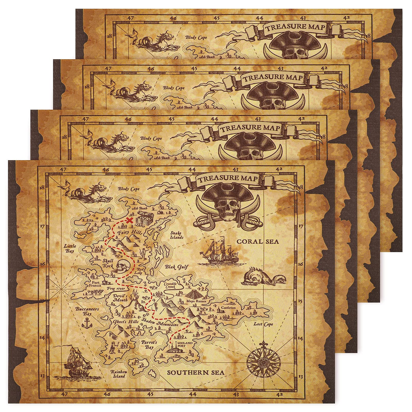 Tegeme 4 Pieces Pirate Treasure Map Adventure Vintage Treasure Map for Pirate Party Supplies, Halloween Party Supplies Accessory