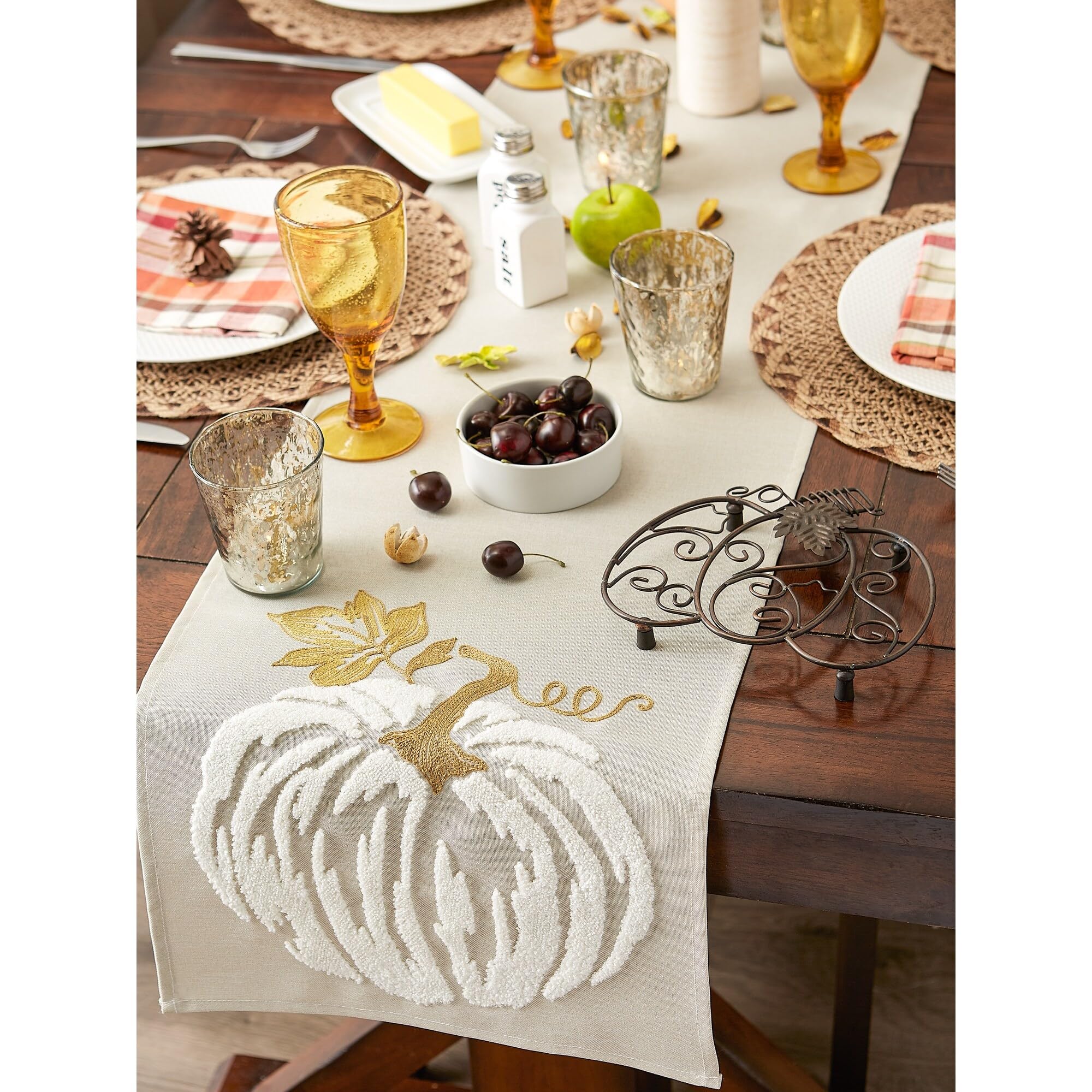 Dii Fall Table D  Cor Embroidered Tabletop For Thanksgiving Dining, Table Runner, 14X70, Scattered Leaves