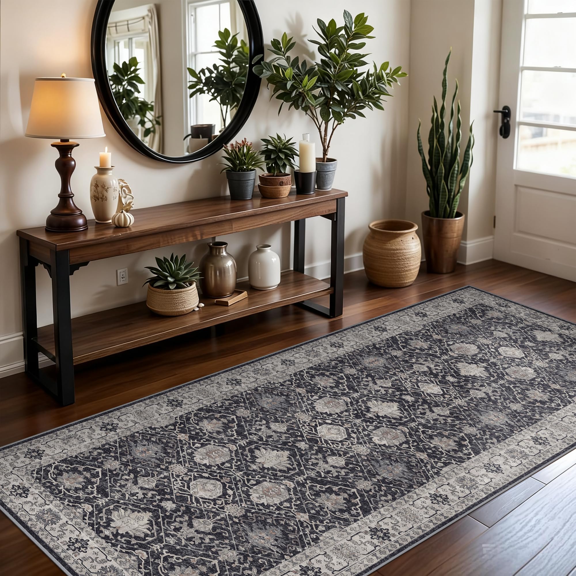 Washable 3x7 Entryway Runner Rug: Farmhouse Wide Kitchen Rug Soft Water Resistant Floor Mat for Bathroom Bedroom Nursery Non-Sli