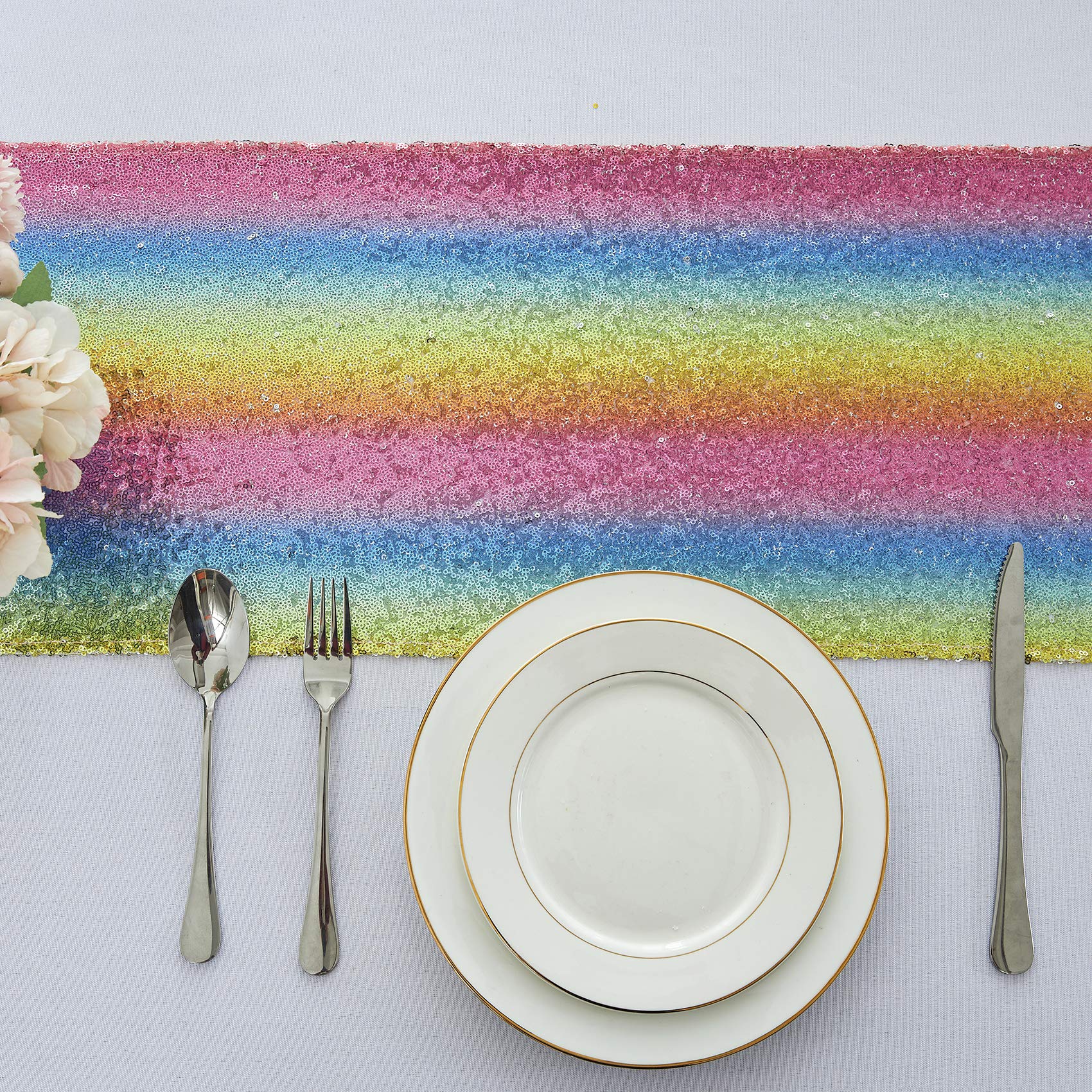 6 Packs 12 X 72 Inches Rainbow Sequin Table Runner, Glitter Runner For Birthday Party Supplies Decorations Wedding Bachelorette