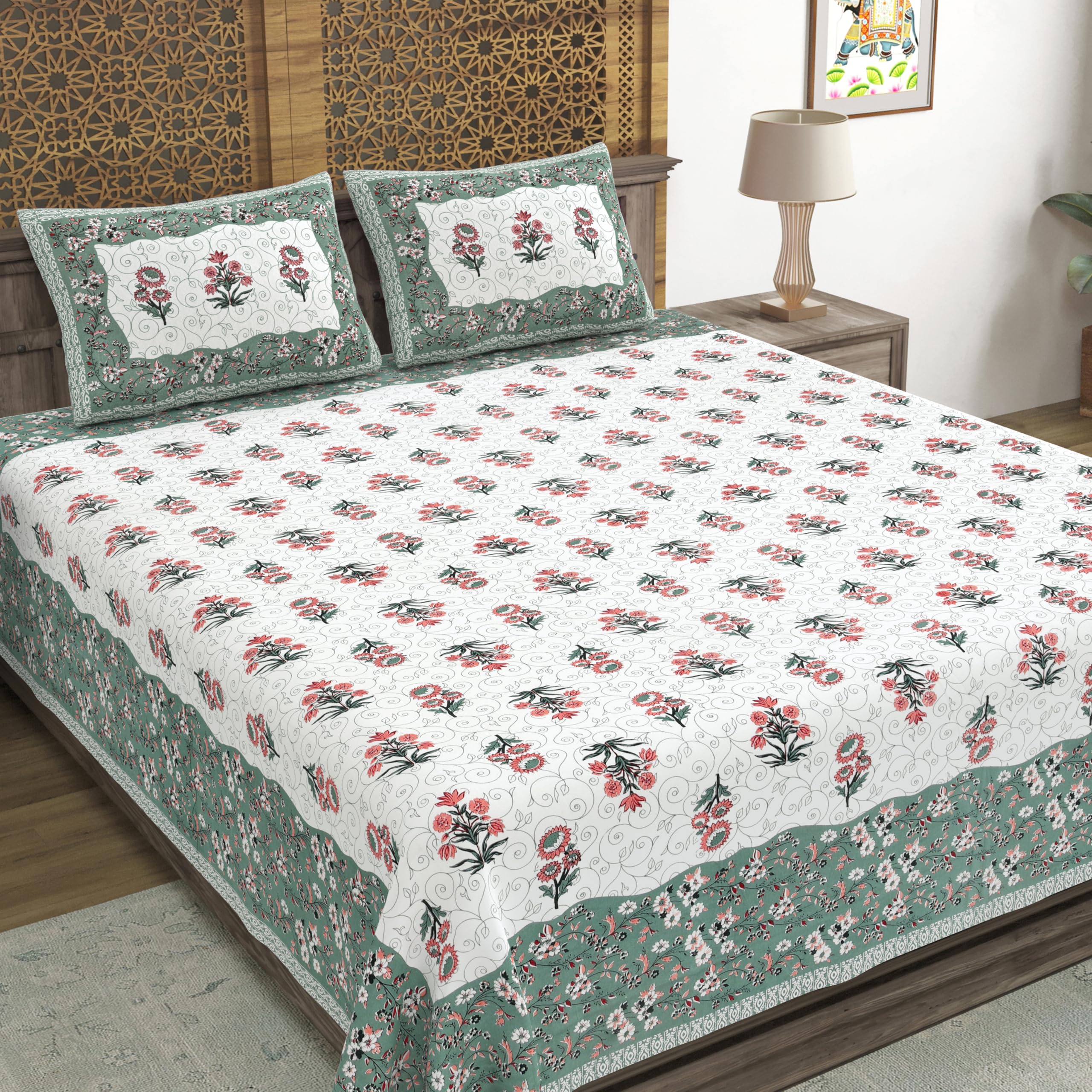 Blocks Of India Hand Block Printed 300 Tc Cotton Super King Size Bedsheet(106 X 106) (Gad Green)