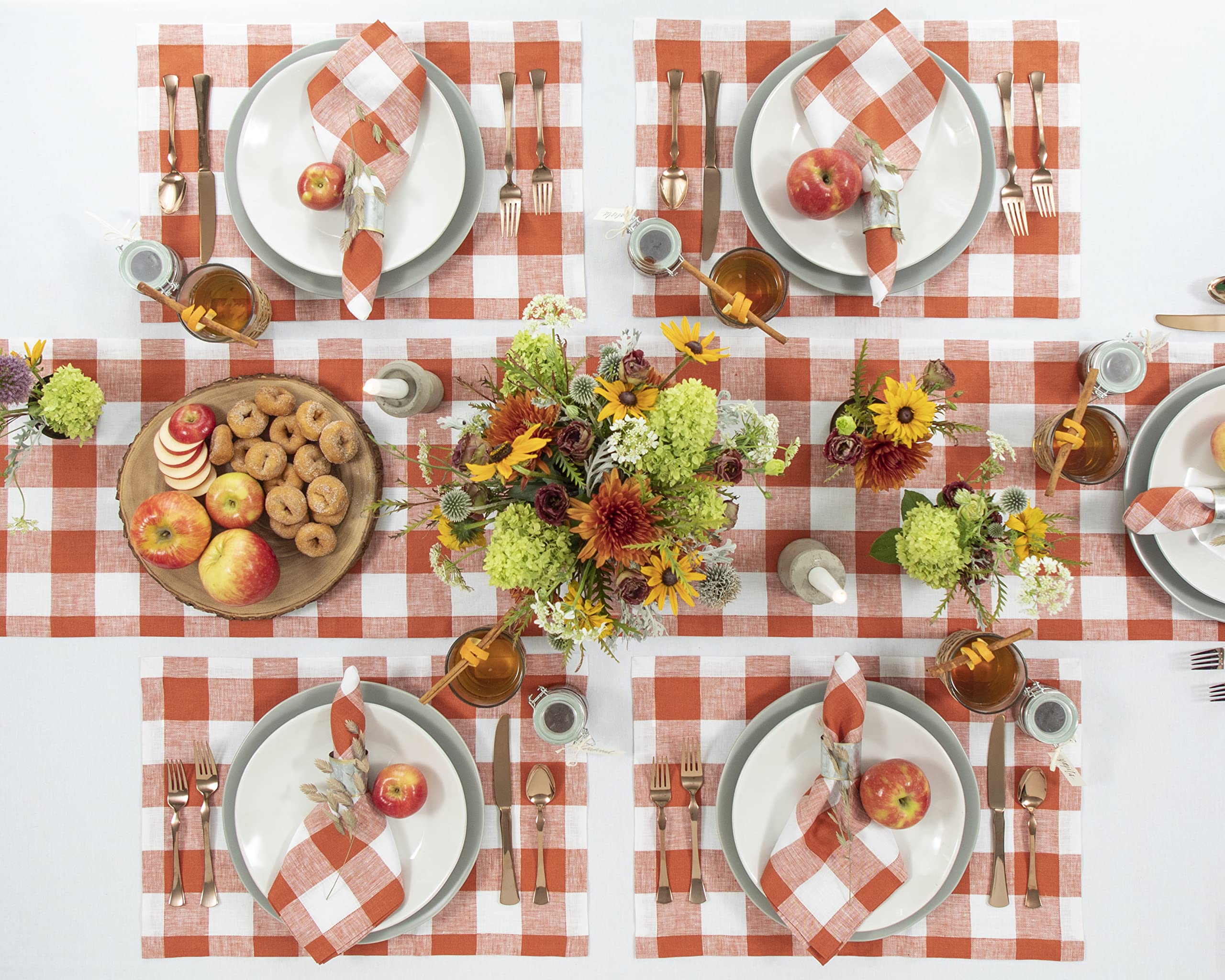 Solino Home Buffalo Check Linen Table Runner 120 Inches Long - 100% Pure Linen Cinnamon And White Plaid Table Runner 14 X 120 In