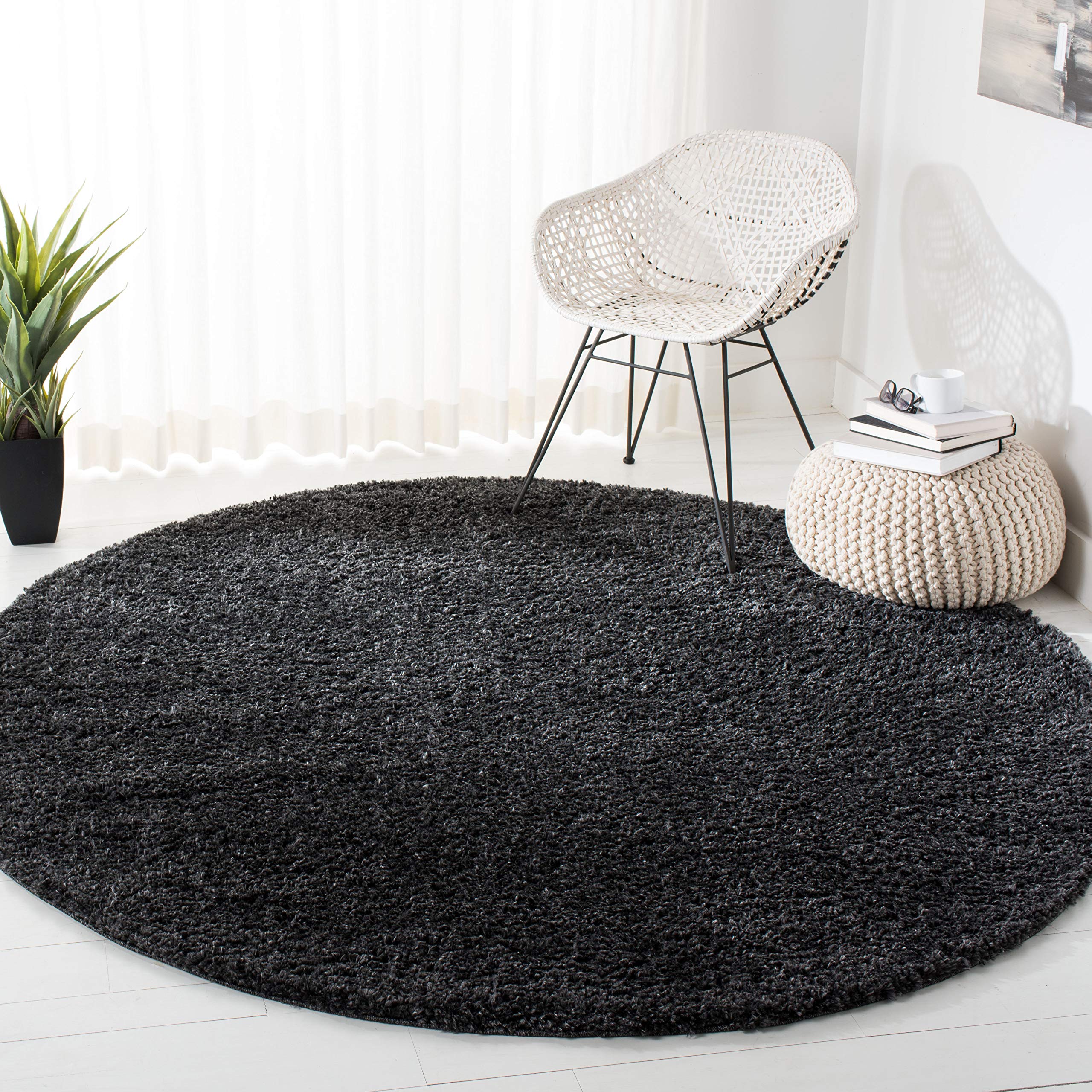 SAFAVIEH August Shag Collection 4 Round Charcoal AUG900H Solid Non-Shedding Entryway Foyer Living Room Bedroom Kitchen 1.2-inch