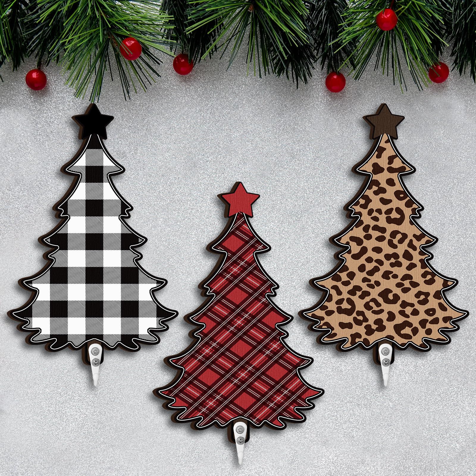 3 Pcs Christmas Stocking Holder Set 8.7 Inches Wooden Christmas Tree Hangers Decorative Xmas Towel Rack Decorative Wall Hook Sto