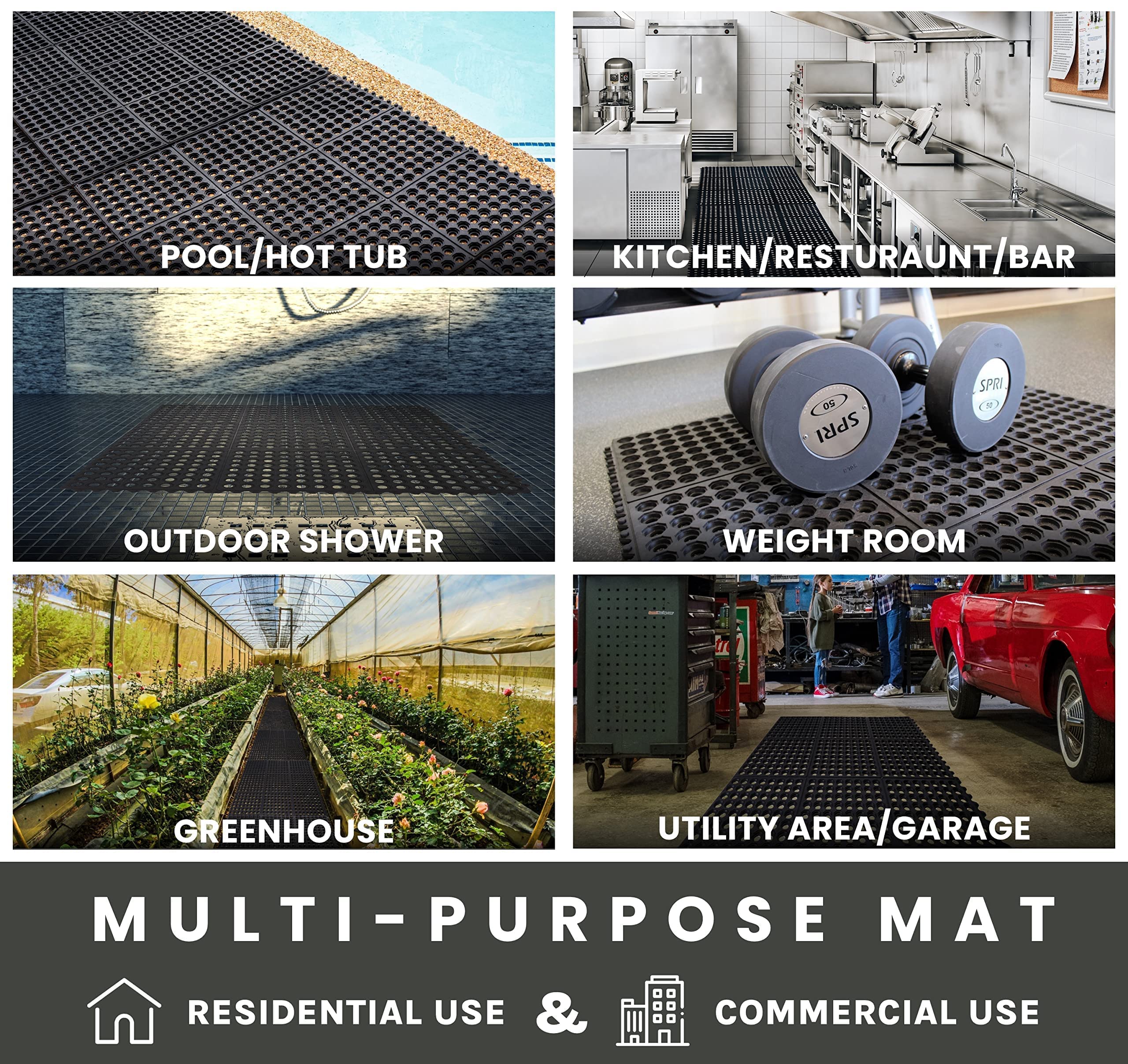 Envelor Interlocking Rubber Floor Mat For Restaurant Kitchen Floor Anti Fatigue Bar Door Mat Non-Slip Indoor Outdoor Shower Pool