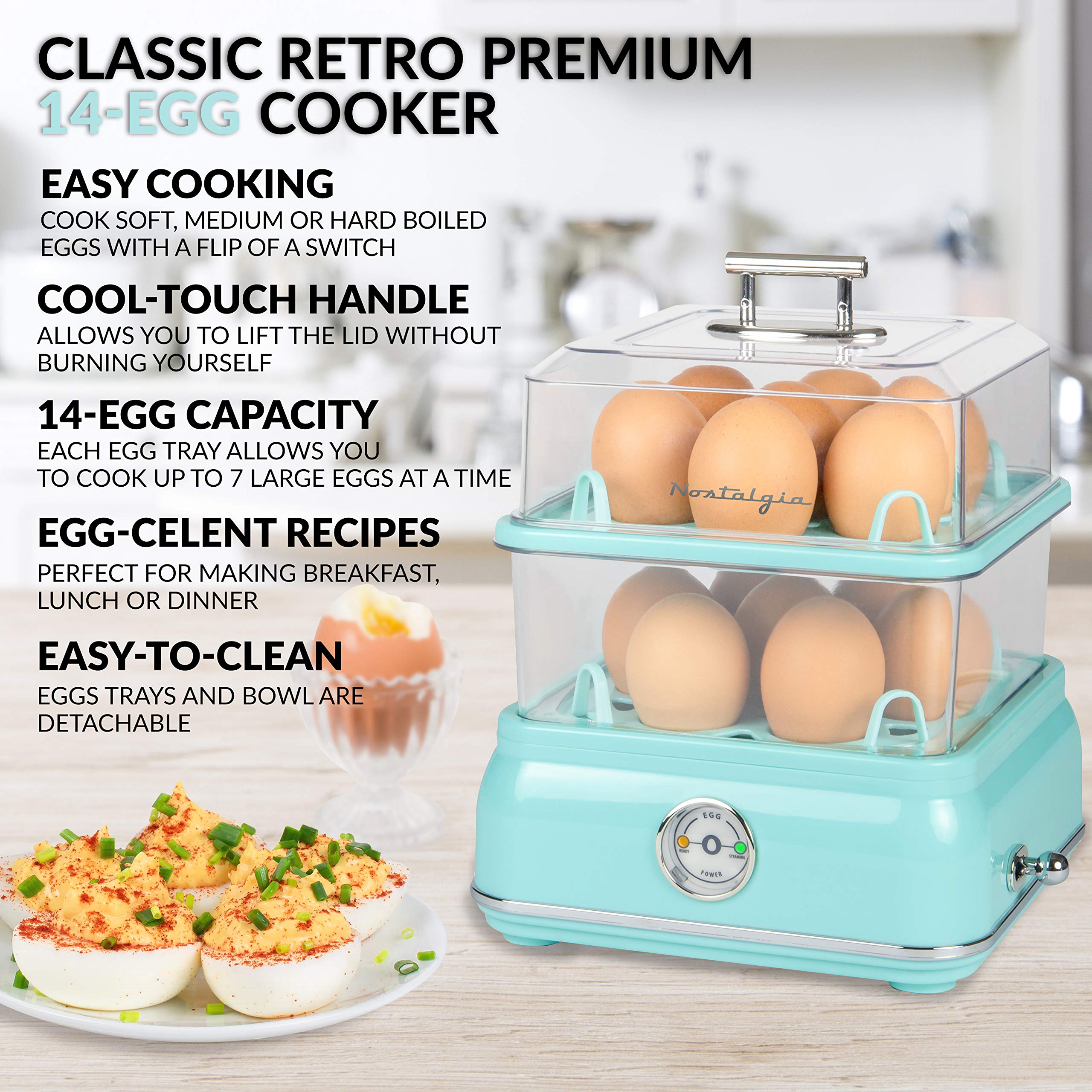 Nostalgia Clec14Aq Retro Premium 14 Capacity Electric Large Hard-Boiled Egg Cooker, Poached, Scrambled, Omelets, Whites, Sandwic