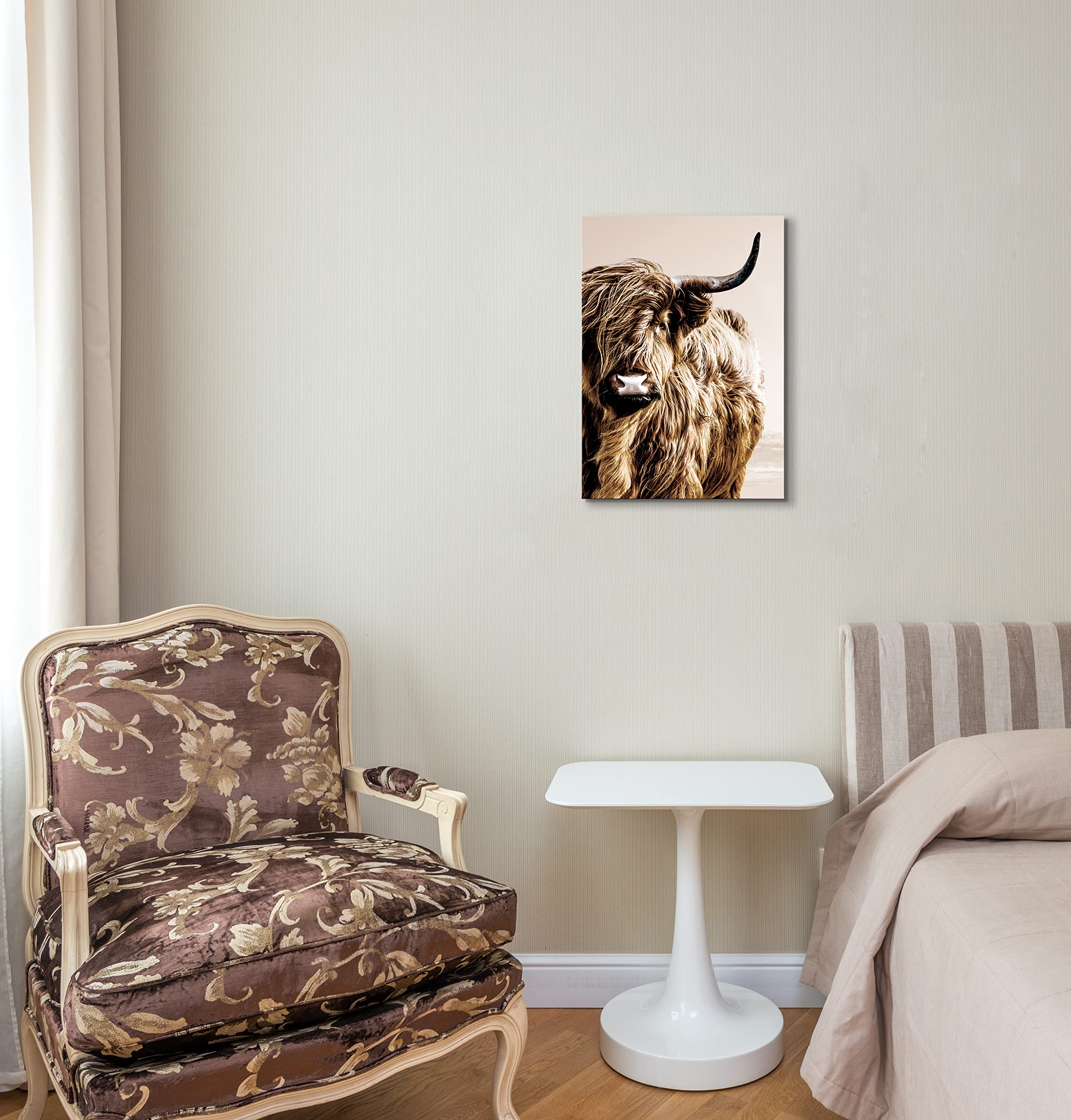 ZNZ Highland Cow Wall Art - Brown Canvas Print, 16L"x12W", Fluffy Cattle Decor for Bedroom, Bathroom, Office, Kitchen