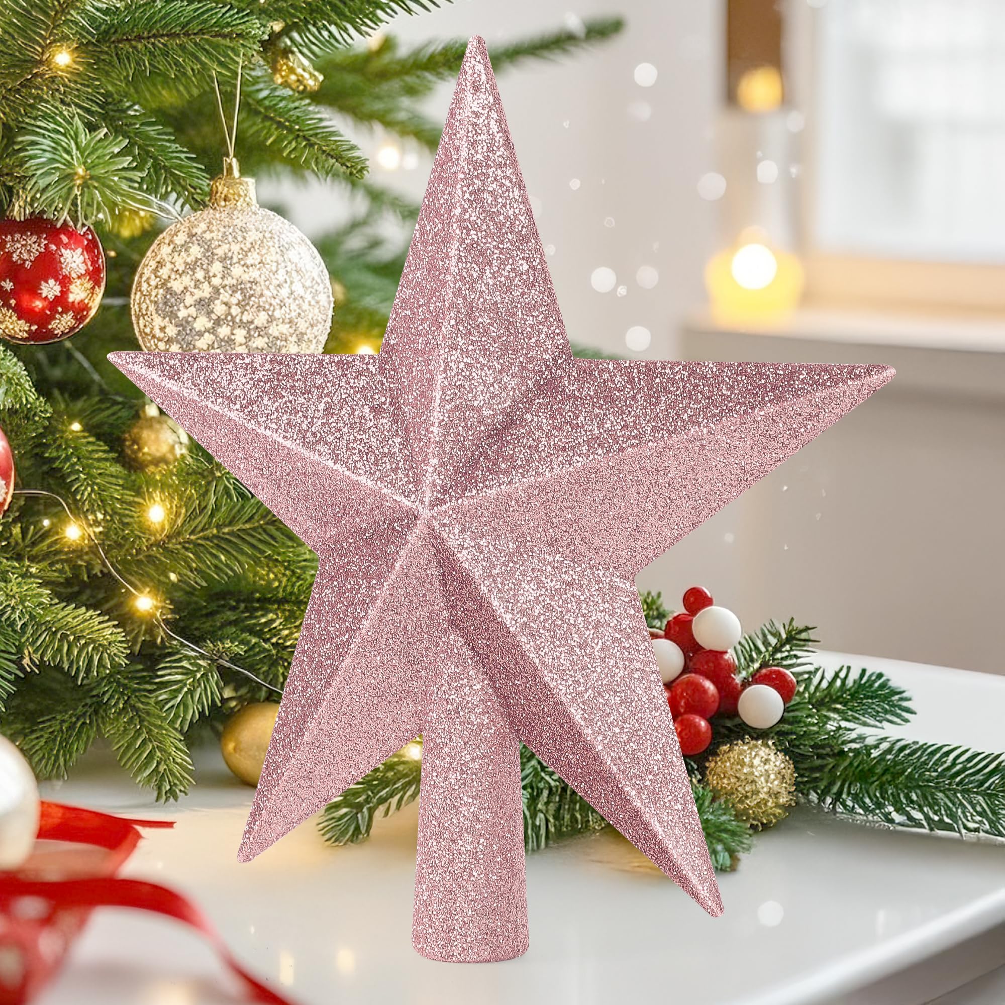 Tree Topper Star, 8 Rose Gold Christmas Star Tree Topper Accessories, Xmas Glitter 3D Bethlehem Tree Topper Ornament, Waterproof
