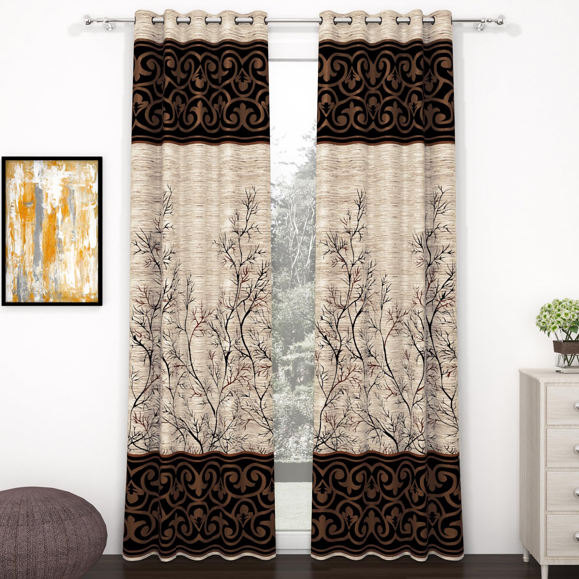 Mollishomes Door Curtains 7 Feet Long Set Of 2, Cream & Brown, Floral Print Door Curtain | 118X215Cm | Aesthetic Curtains | Door