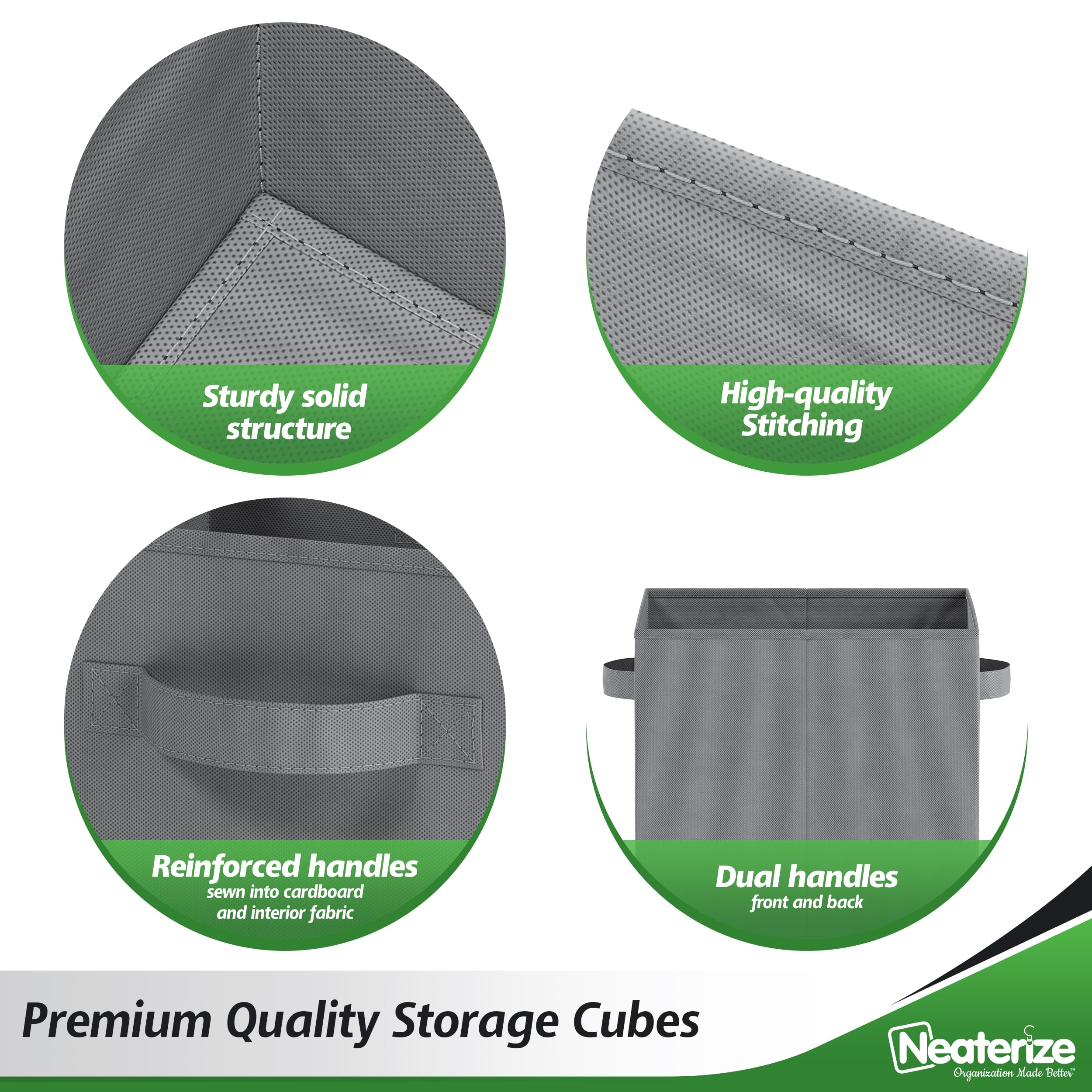 Neaterize Fabric Storage Cubes For Cube Organizer - 8 Pack Heavy Duty Grey Storage Bins - 13 Inch Cube Storage Bin, Use As A Clo