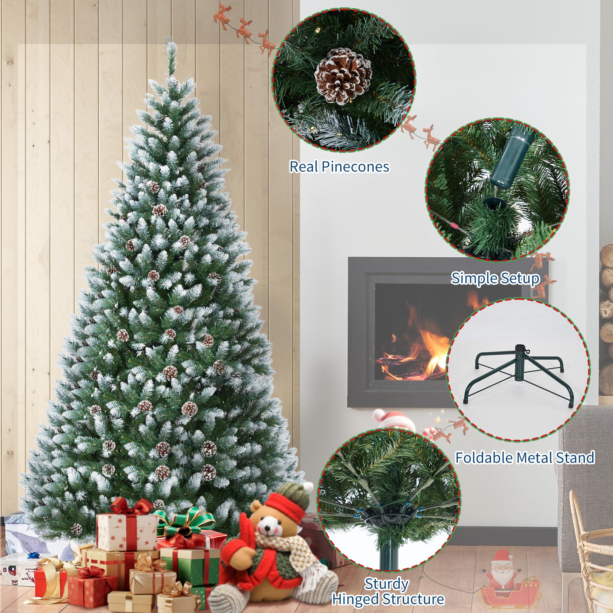 6FT Pre-Lit Artificial Christmas Tree,Christmas Pine Tree with Pine Cones,250 LEDs & 748 Tips - Hinged Stand PVC Holiday Trees D