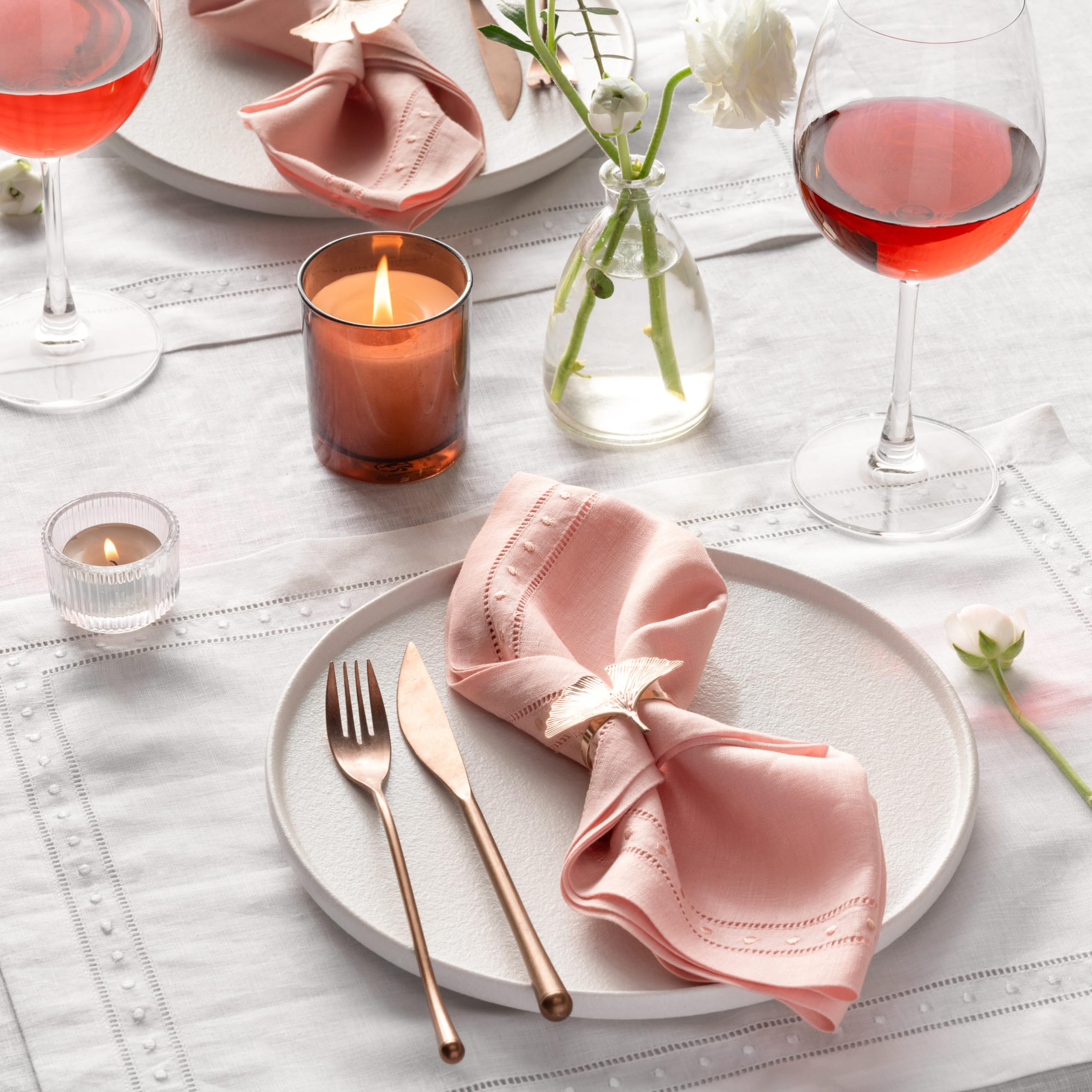 Linen Napkins Set Of 4-100% Flax Linen Blush Pink Dinner Napkins With Embroidered Dot 18 X 18 Inch - Hemstitch Cloth Napkins Was