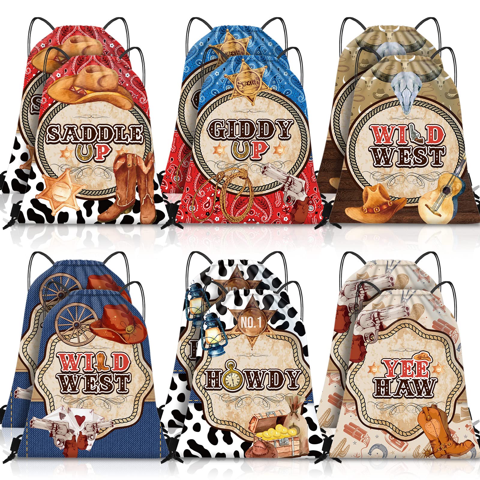 12 Pcs Cowboy Western Bag Drawstring Boot Hat Bags Cowgirl Wild Rodeo Backpack Cinch Goodie for Gift Birthday Party Favors