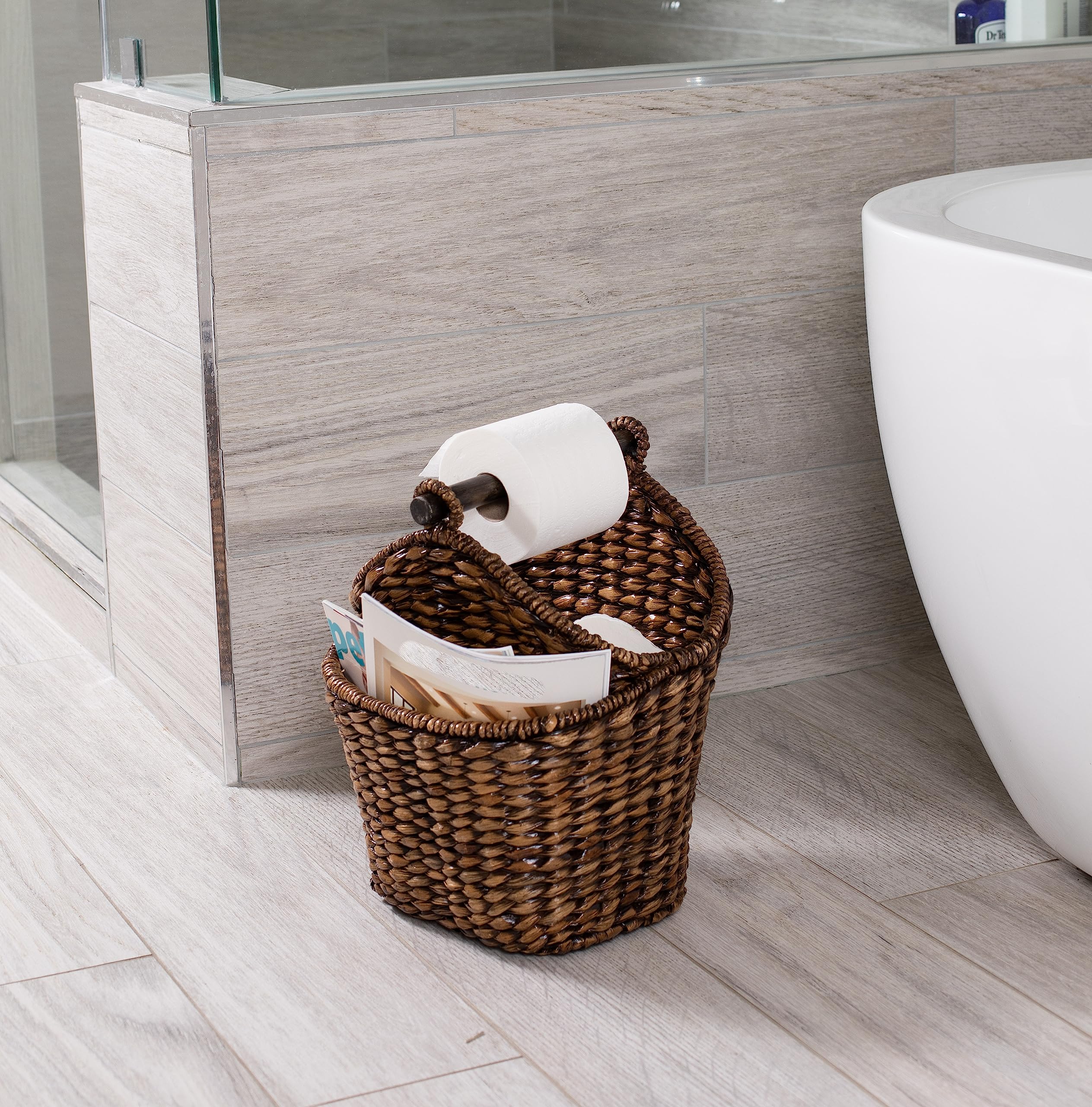 Birdrock Home Seagrass Magazine And Bathroom Basket - Hand Woven Toilet Paper Holder With Pocket - Grey Wash - Stylish Decorativ