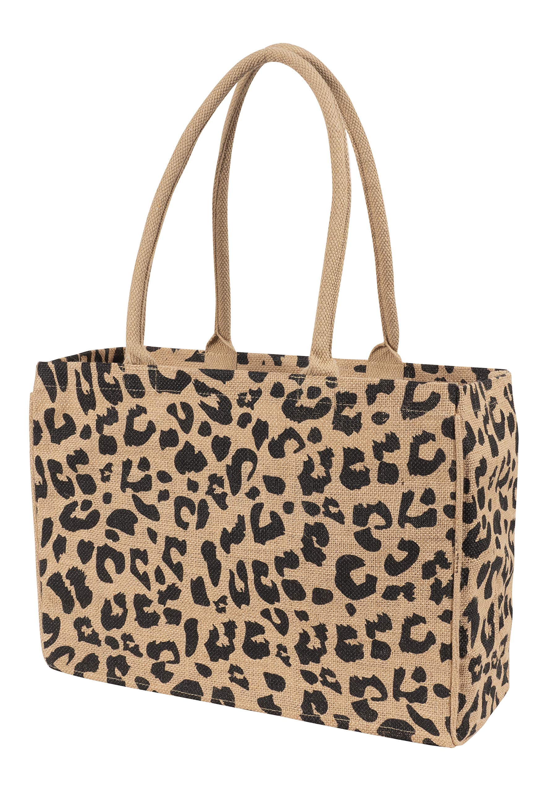 Kaf Home Jute Market Tote Bag, Leopard Print, Durable Handle, Reinforced Bottom And Interior Zipper Pocket