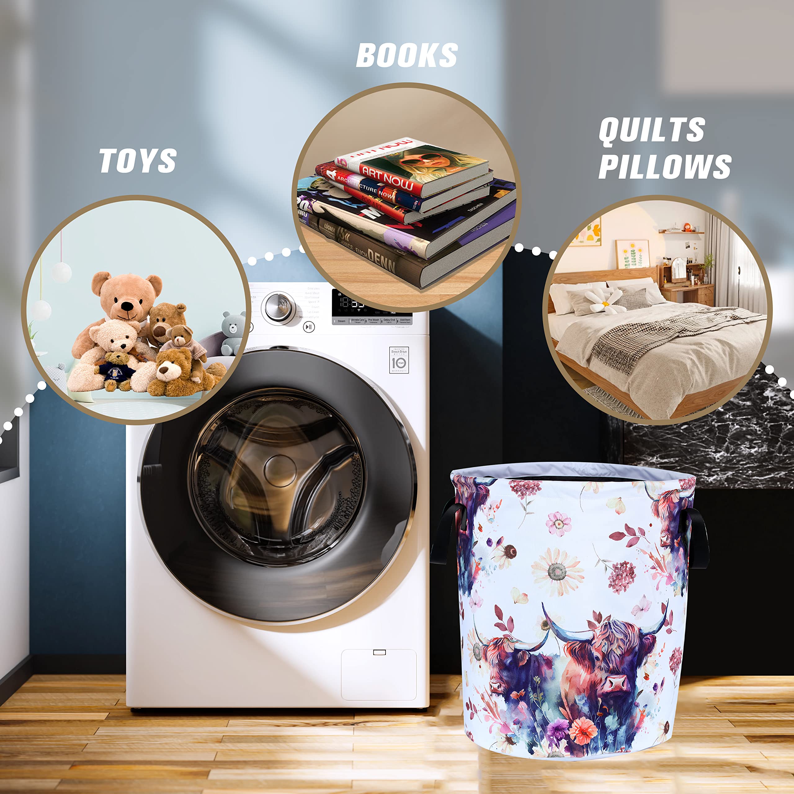 Highland Cow Laundry Basket Cow Animal Foldable Waterproof Oxford Cloth Funny Tote Bag Laundry Hamper Clothes Storage Bucket Toy