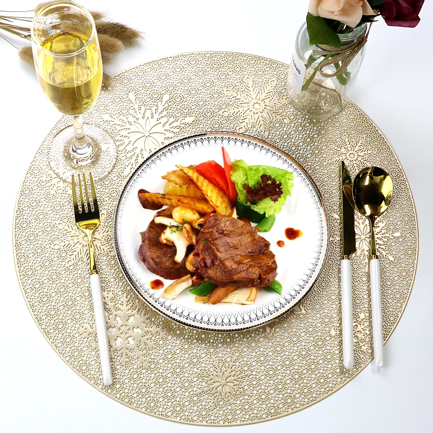 Femge Christmas Round Gold Placemats Of 6 For Dining Table Mats Set Wipeable Snowflake Placemats For Kitchen Table Plastic Soft