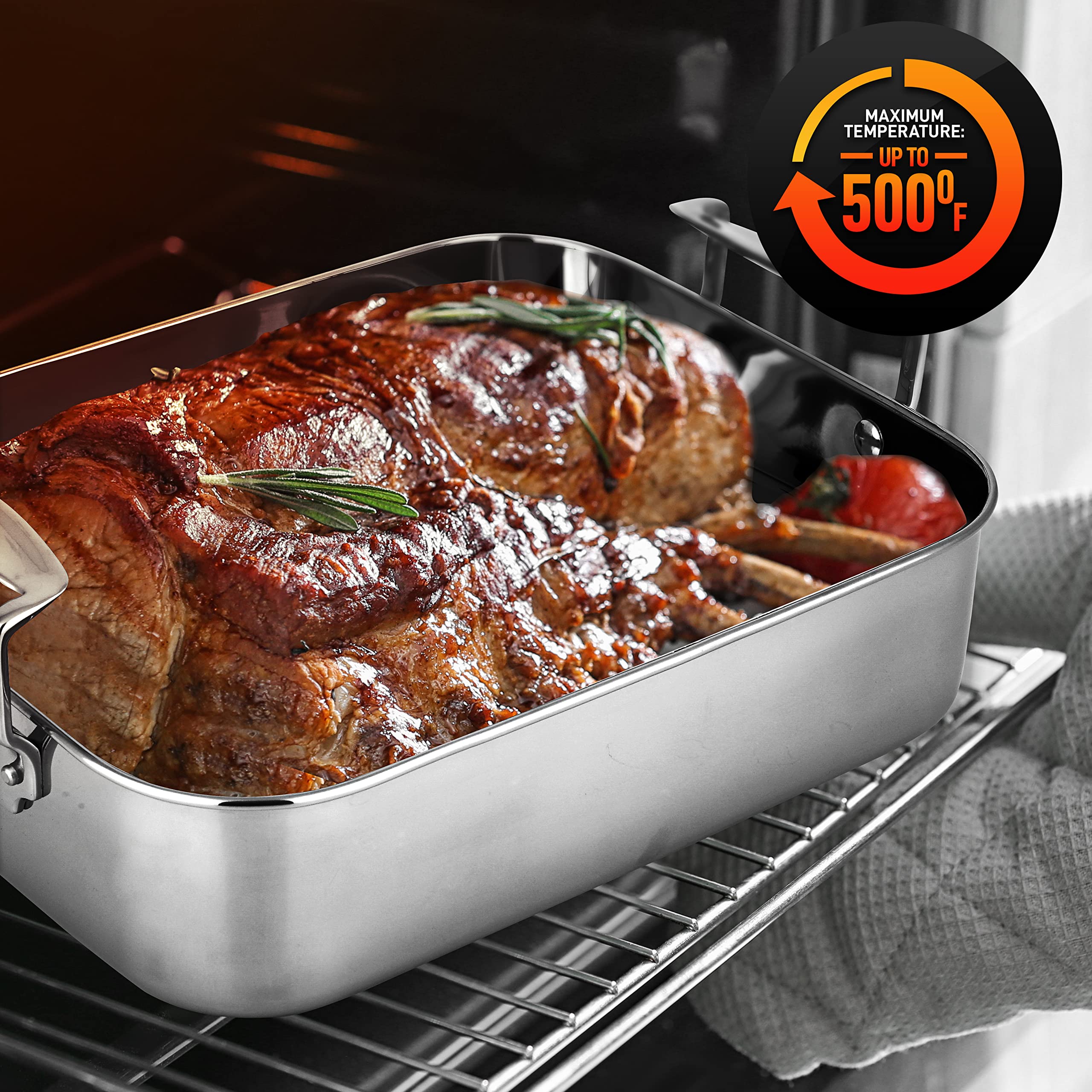 Nutrichef 14-Inch Stainless Steel Kitchen Roasting Pan With Polished Wire Rack - Versatile Baking Set For Turkey, Chicken, Meats