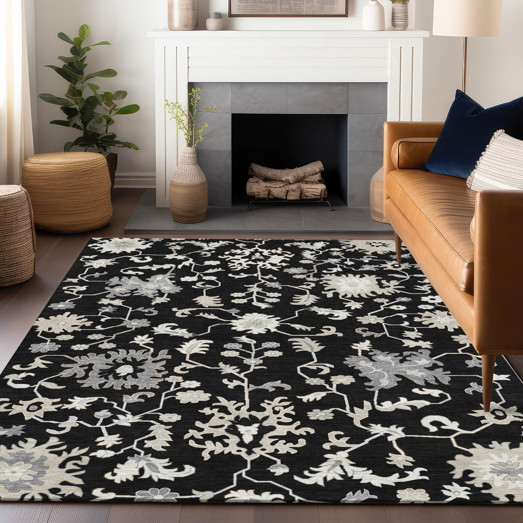 Machine Washable Indoor/Outdoor Chantille Black 8 x 10 Rug