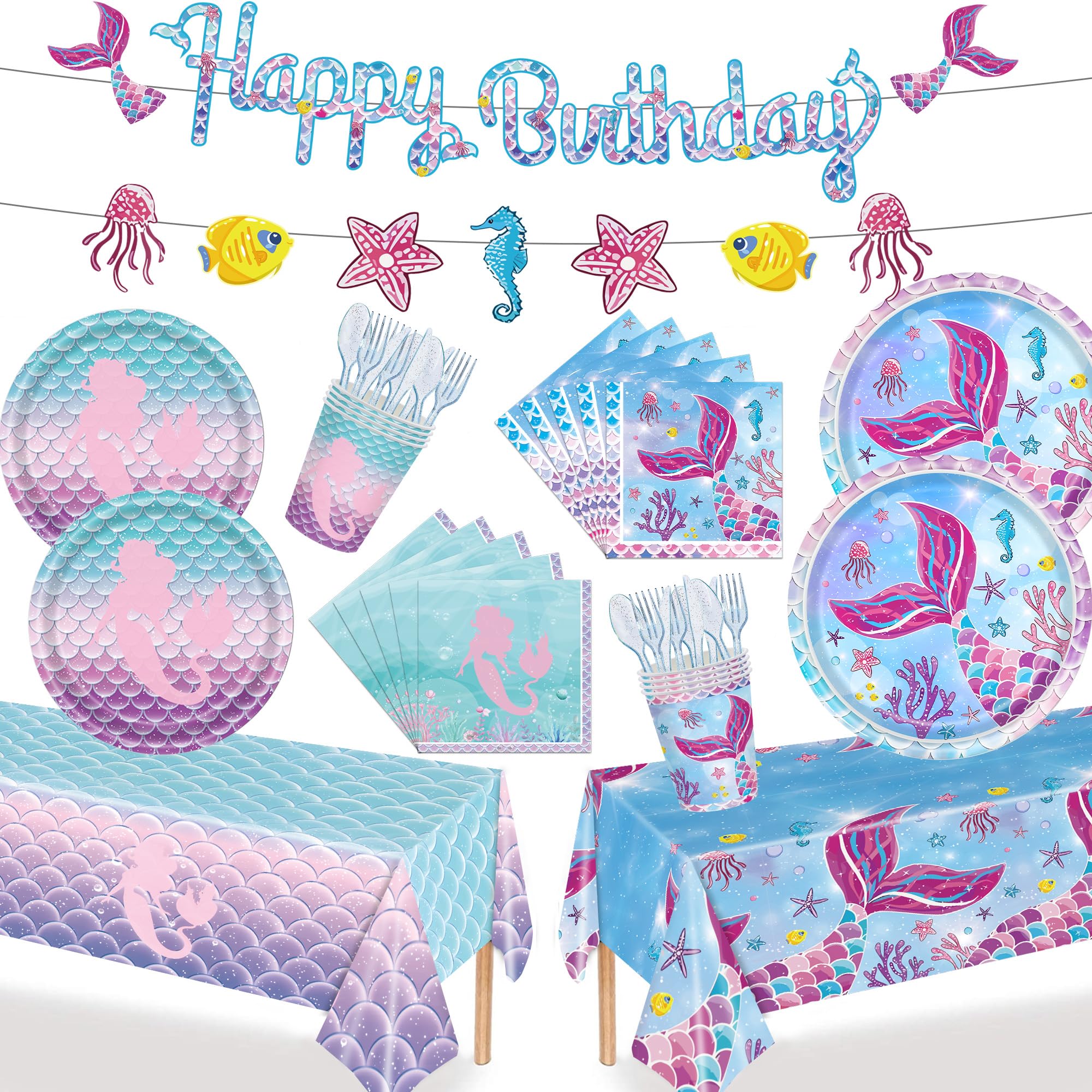Sjjpdyy 171Pcs Mermaid Birthday Party Decorations Set Mermaid Party Supplies Includes Plates, Napkin, Fork, Cup, Tablecloth, Ban