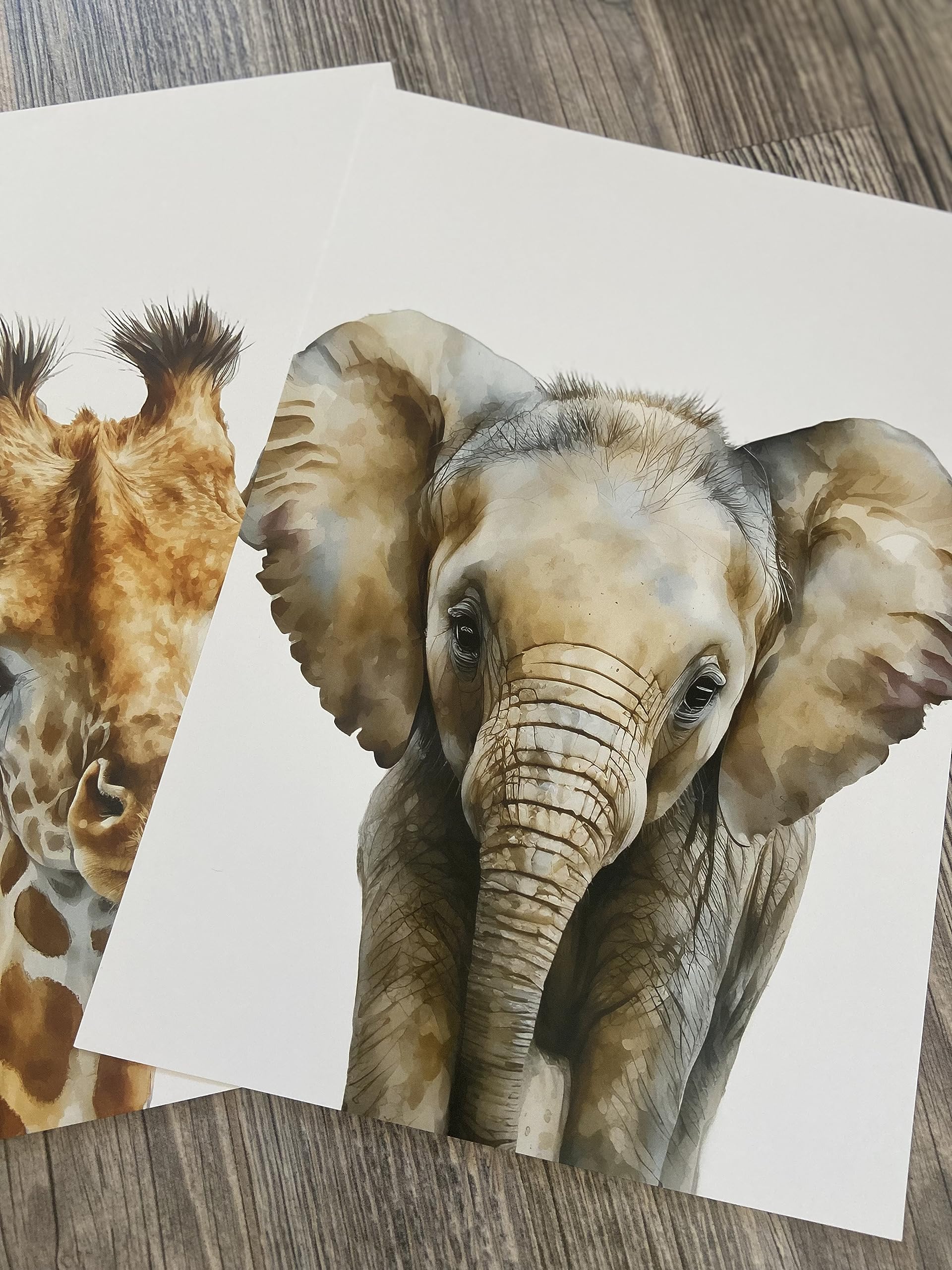 Safari Animals Set Of 3 Unframed Poster Prints, Baby Girl Boy Children Nursery Bedroom Playroom Wall Art Decor, Giraffe Elephant