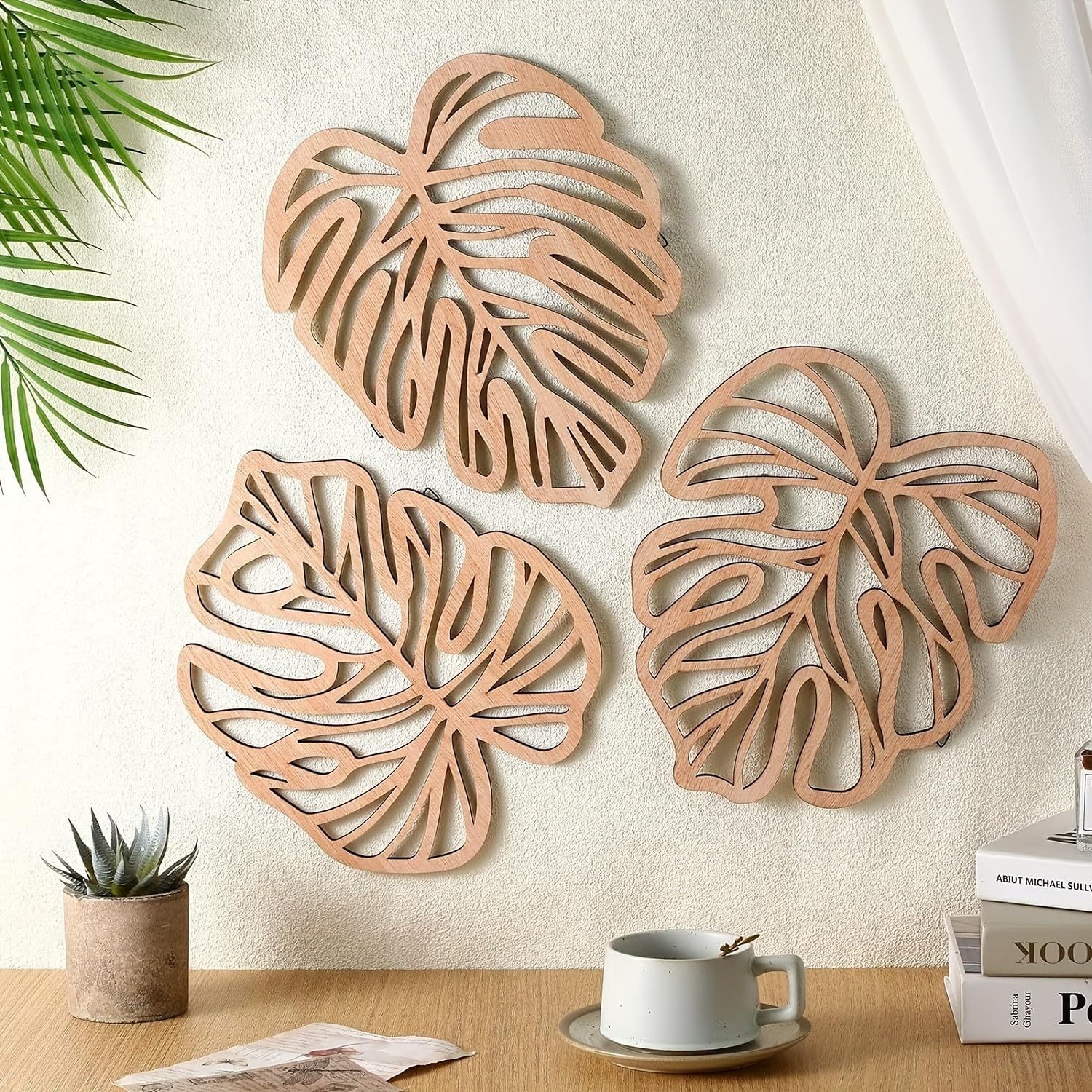 Palm Leaves Wood Wall Decor , 3Pcs Tropical Wall Art Jungle Decor, Wooden Natural Leaves Plant Wall Decor, Vintage Tropical Plan