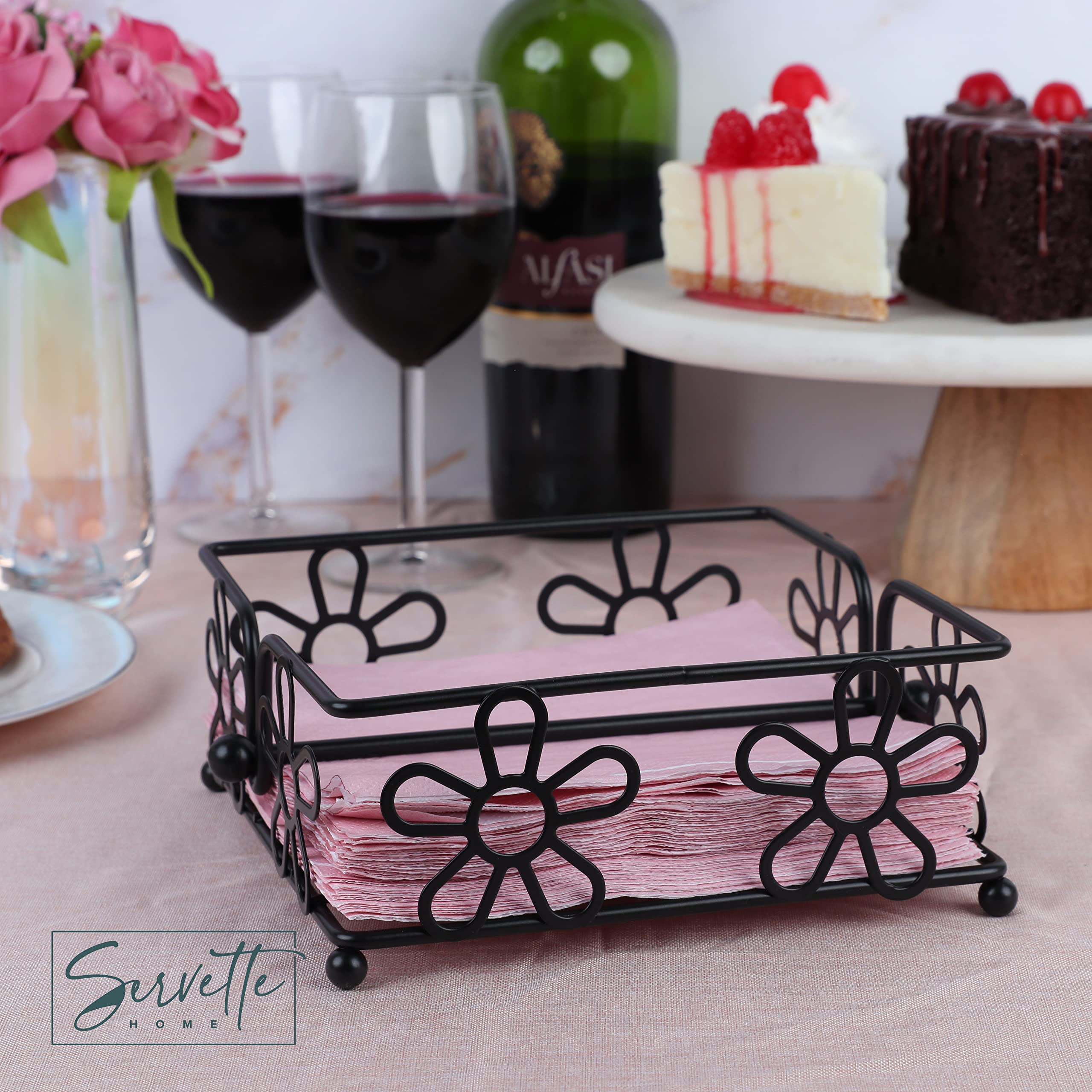 Chrome Napkin Holder With Flower Design Black