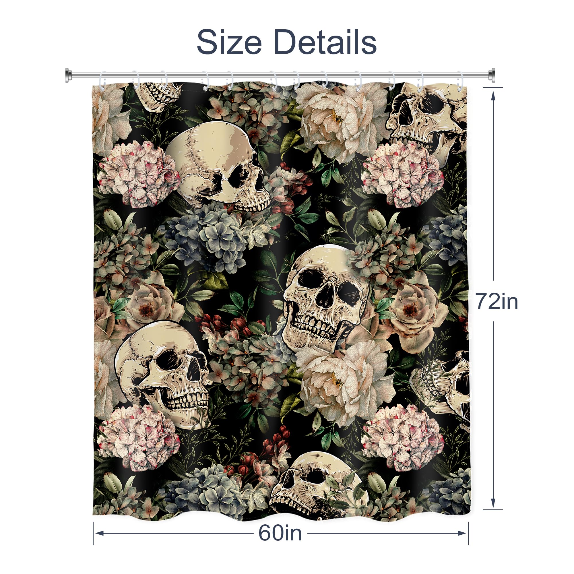 Ambzek Sugar Skull Shower Curtain 60Wx72L Inch Retro Floral Leaves Gothic Halloween Spooky Skeleton Plant Goth Vintage Artwork C