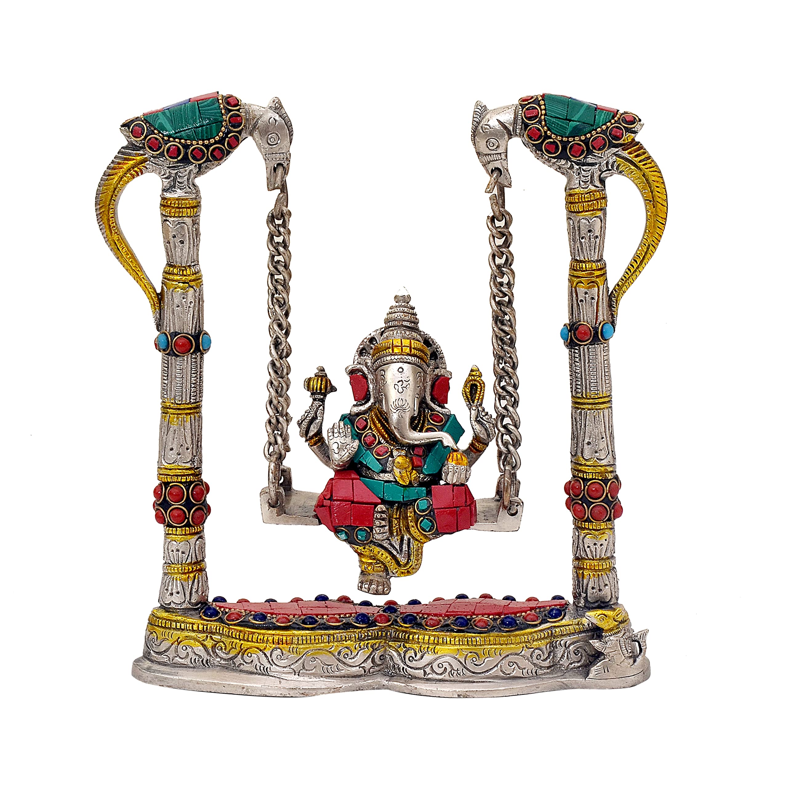 Aona Lord Ganesha On A Swing Jhula Brass Statue Idol, Height : 8 Inch